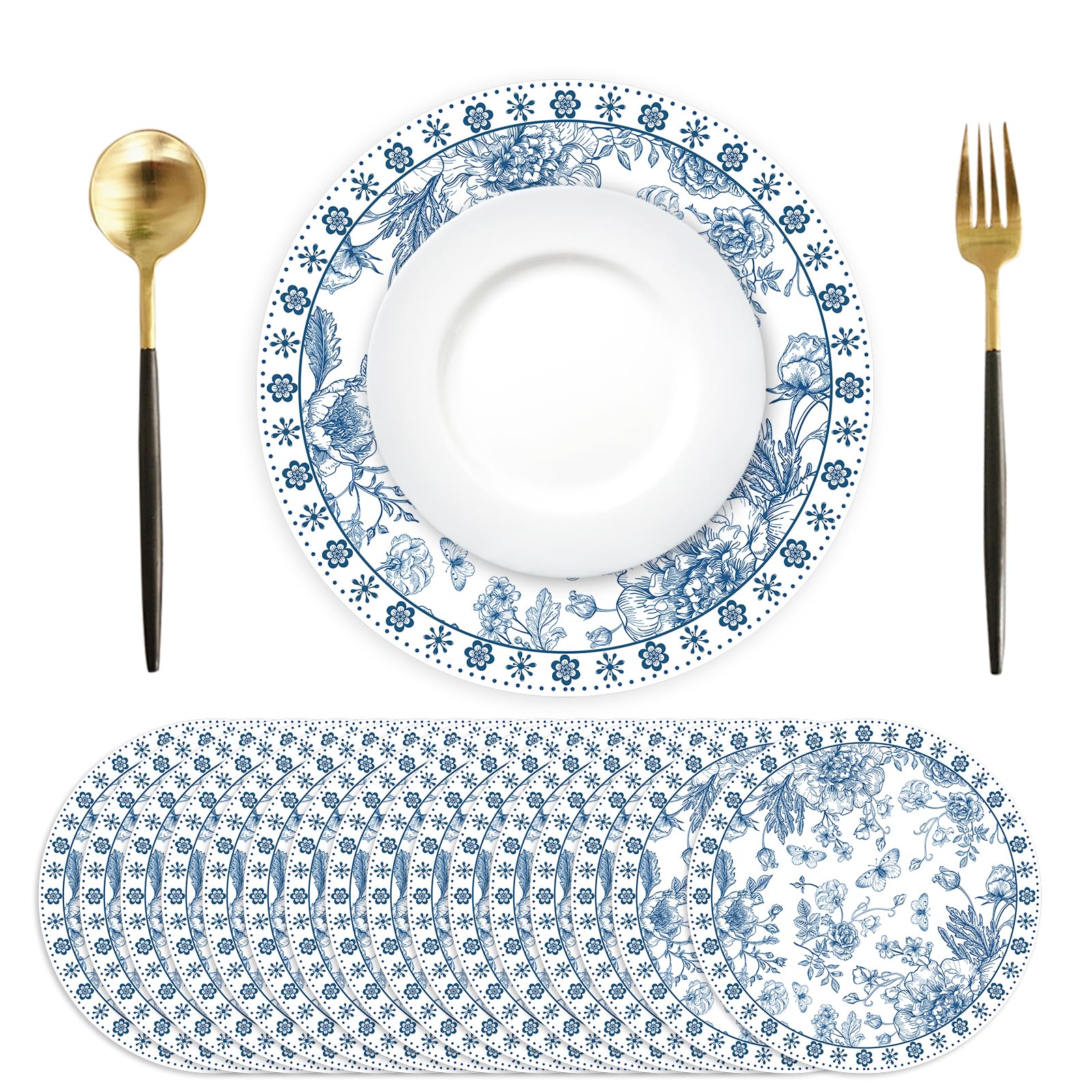 Set de table jetable en papier motif floral bleu 35 cm pour réception chic x50