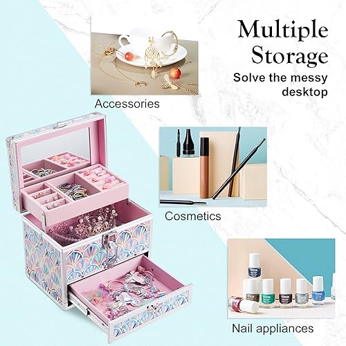 Miniatura 5 de Hododou Joyero organizador para niñas con cajón y espejo, estilo cola de sirena, estuche de almacenamiento con cerradura para niños o niñas