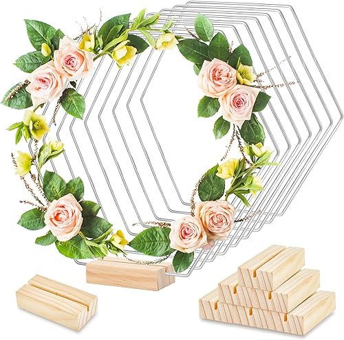 Paquete de 15 centros de mesa de aro floral hexagonal grande de 9.1 pulgadas con soporte, con 15 tarjeteros de madera para manualidades de boda de