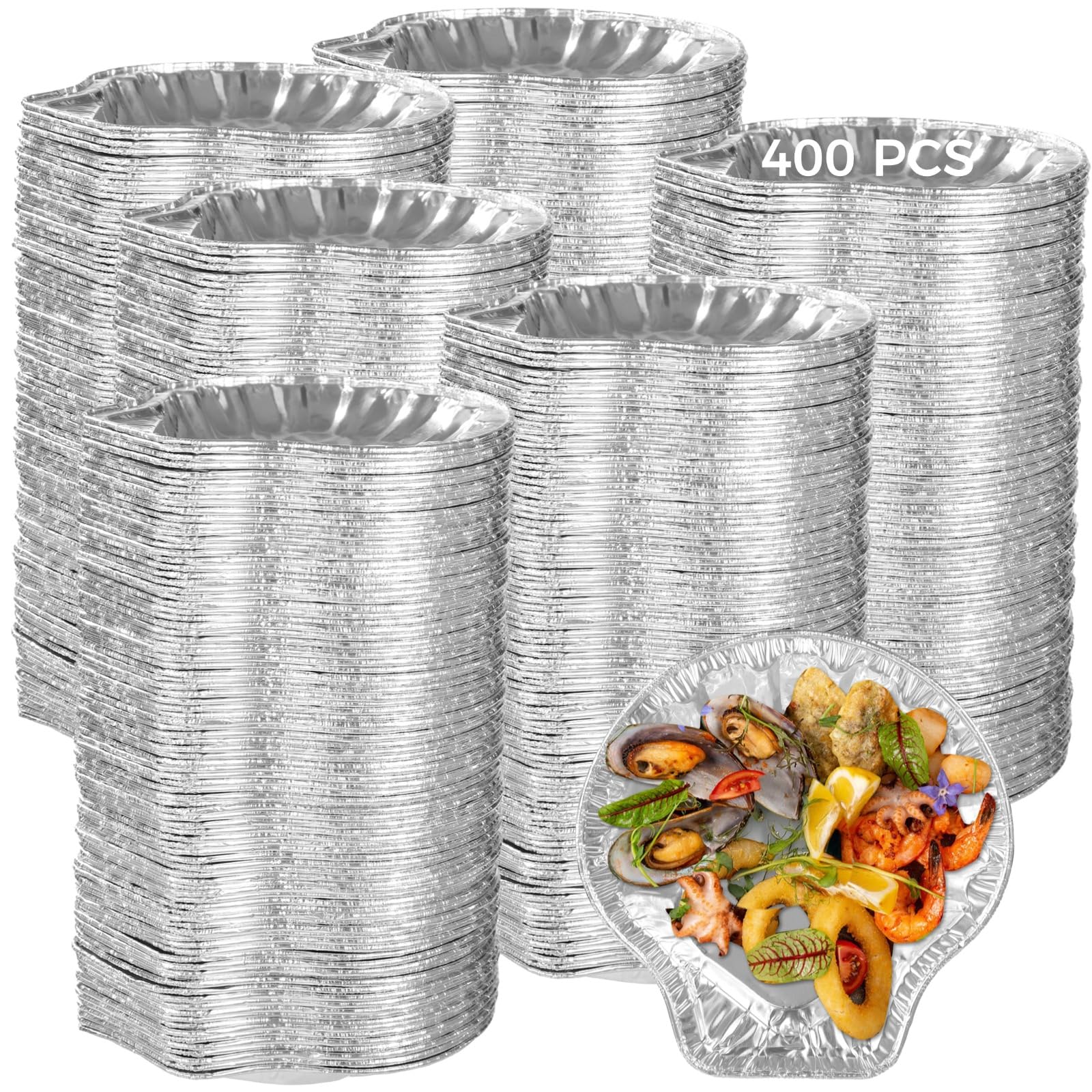 Lot de 400 barquettes jetables en aluminium en forme de coquille, mini plats pour huîtres et coquilles Saint-Jacques pour fruits de mer, barbecue, cuisson au four et service traiteur