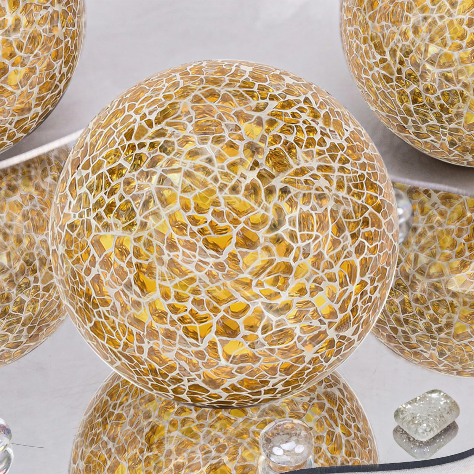 3Pcs Mosaico Sfera di Vetro 8cm Rotondo Crackl Orbs per Ciotole Vasi Tavolo da pranzo Centrotavola Decorazione della Casa - Oro