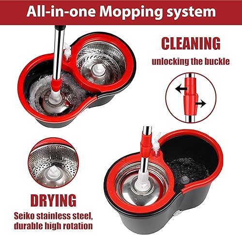 Miniatura 2 de Trapeador giratorio y cubo con juego de escurridor, sistema de cubo de fregona giratoria 360 con 3 cabezales de repuesto de mopa de microfibra, mopa