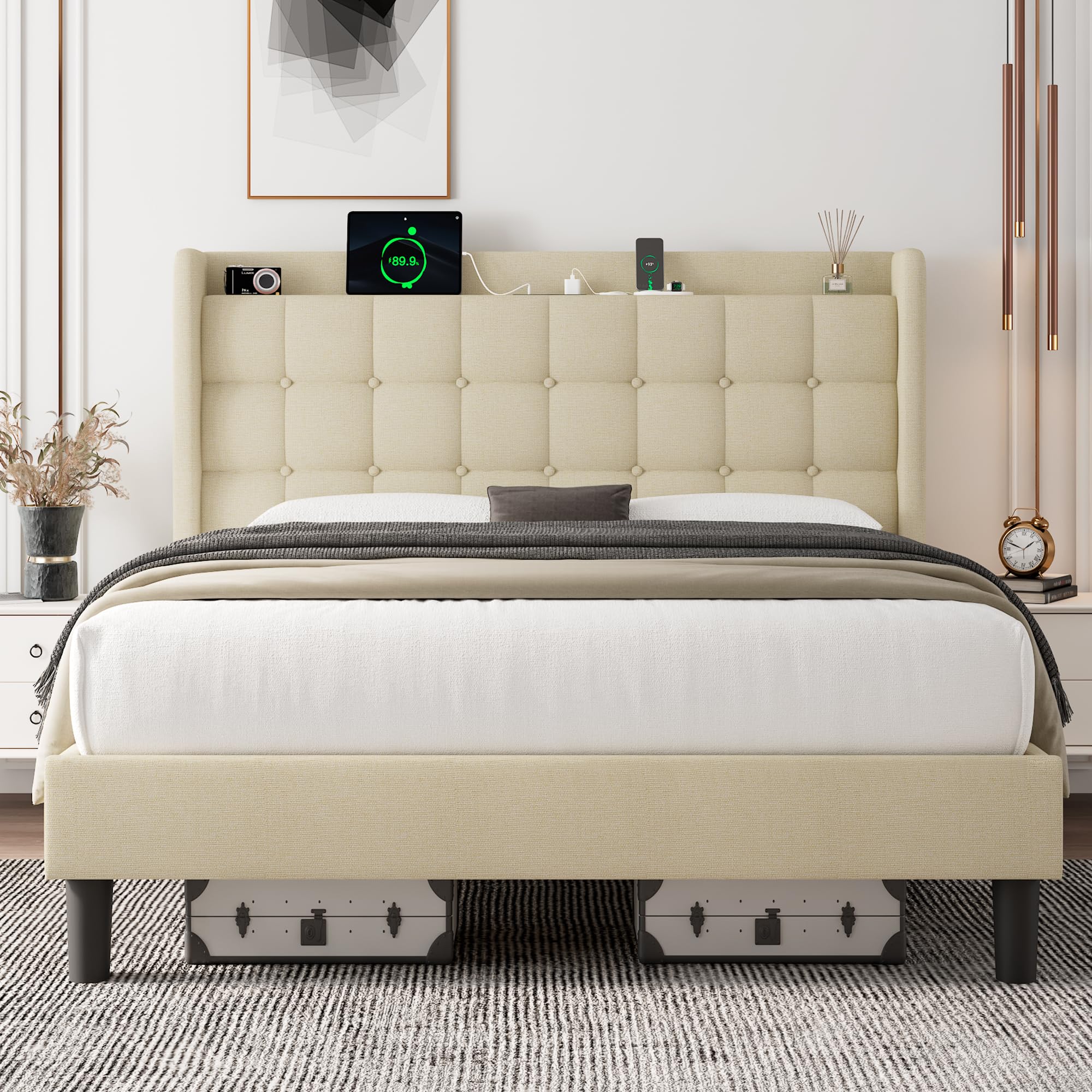 Feonase Queen Bed Frame with Charging Station, Upholstered Platform Bed Frame with Wingback Storage Headboard, No Box Spring Needed, Easy Assembly, Beige