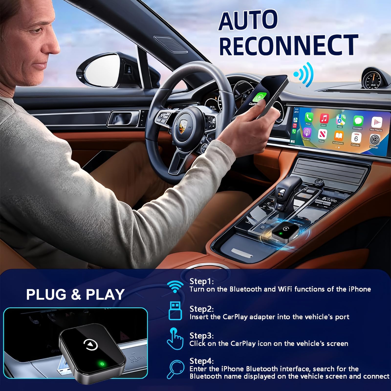 OVVOFPP Adaptateur CarPlay sans Fil Nouvelle édition 2026,2-in-1 Interface Type-C/USB,Connexion Rapide Stable,Compatible avec iOS 12+/Android 11+ et Les Véhicules Fabriqués Après 2016