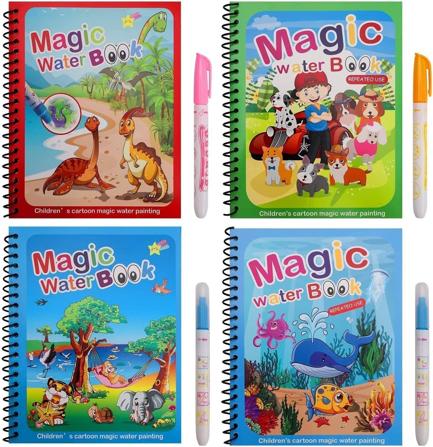 4-Pack Water Magic Coloring Books with Refillable Pens | Reusable No Mess Magic Reveal Activity Book for Kids | Educational Drawing Toy, Fine Motor Skills, Quick Dry Travel Friendly
