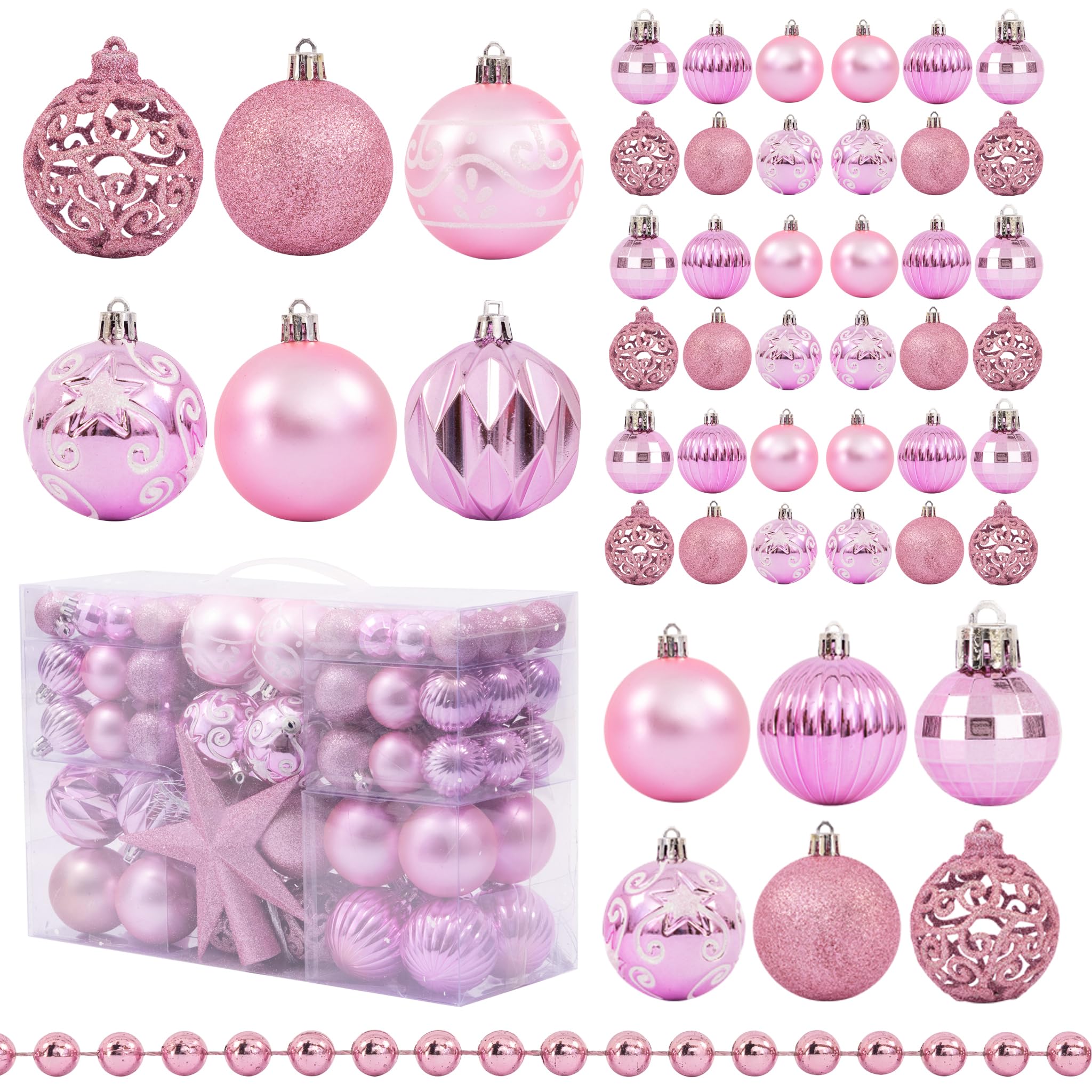 Christmas Tree Decoration Set 100 Pieces - Baubles, Star Topper & Bead Garland - Glitter, Matte & Metallic Ornaments (Pink)