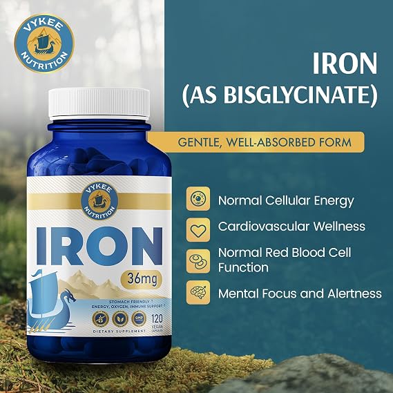 Vykee Nutrition Iron Bisglycinate - 36 mg for Men and Women, Gentle Iron Supplement to Help Maintain Healthy Iron Levels, High Absoprtion, Non-GMO, Gluten-Free - 120 Capsules