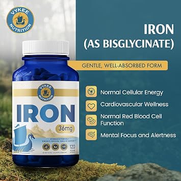 Vykee Nutrition Iron Bisglycinate - 36 mg for Men and Women, Gentle Iron Supplement to Help Maintain Healthy Iron Levels, High Absoprtion, Non-GMO, Gluten-Free - 120 Capsules