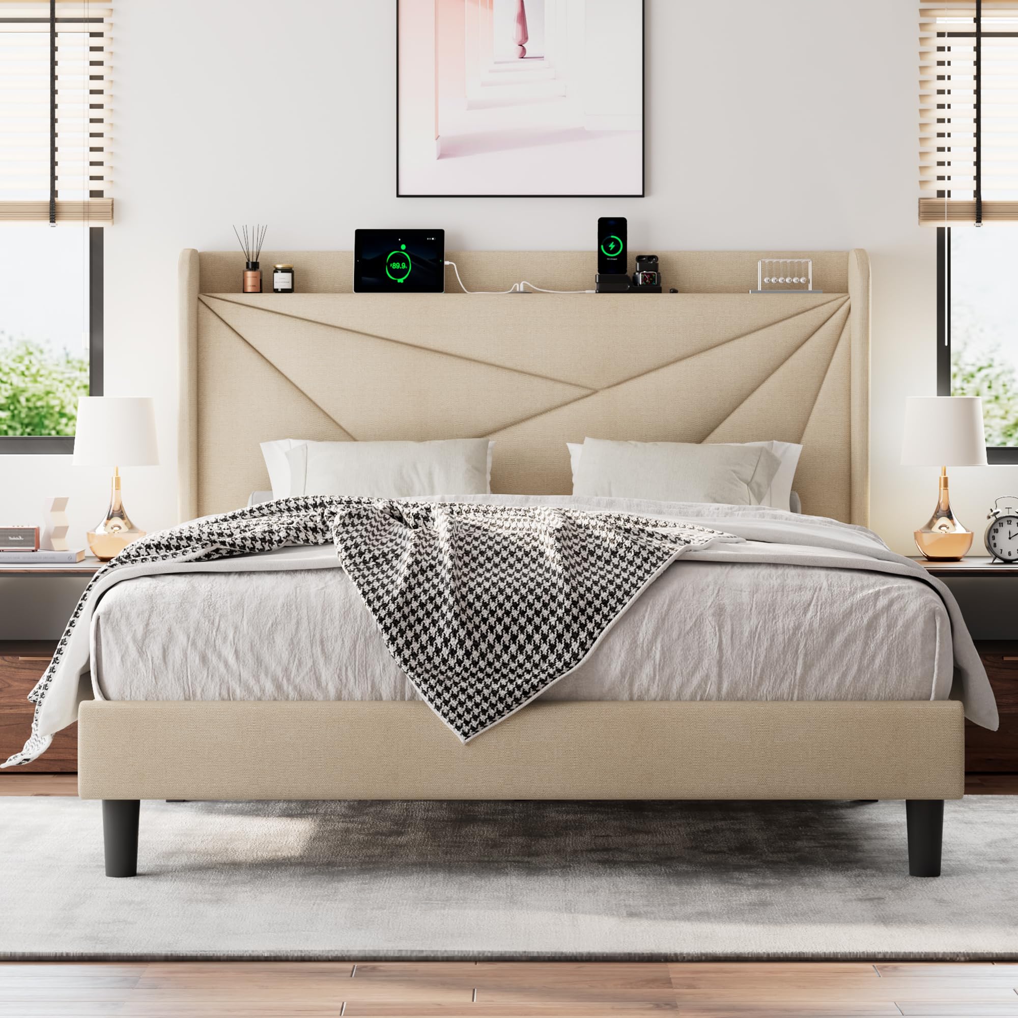 (incomplete) full size upholstered bed frame with charging station, platform bed frame with storage headboard, metal & solid wood slats support, no box spring needed, beige