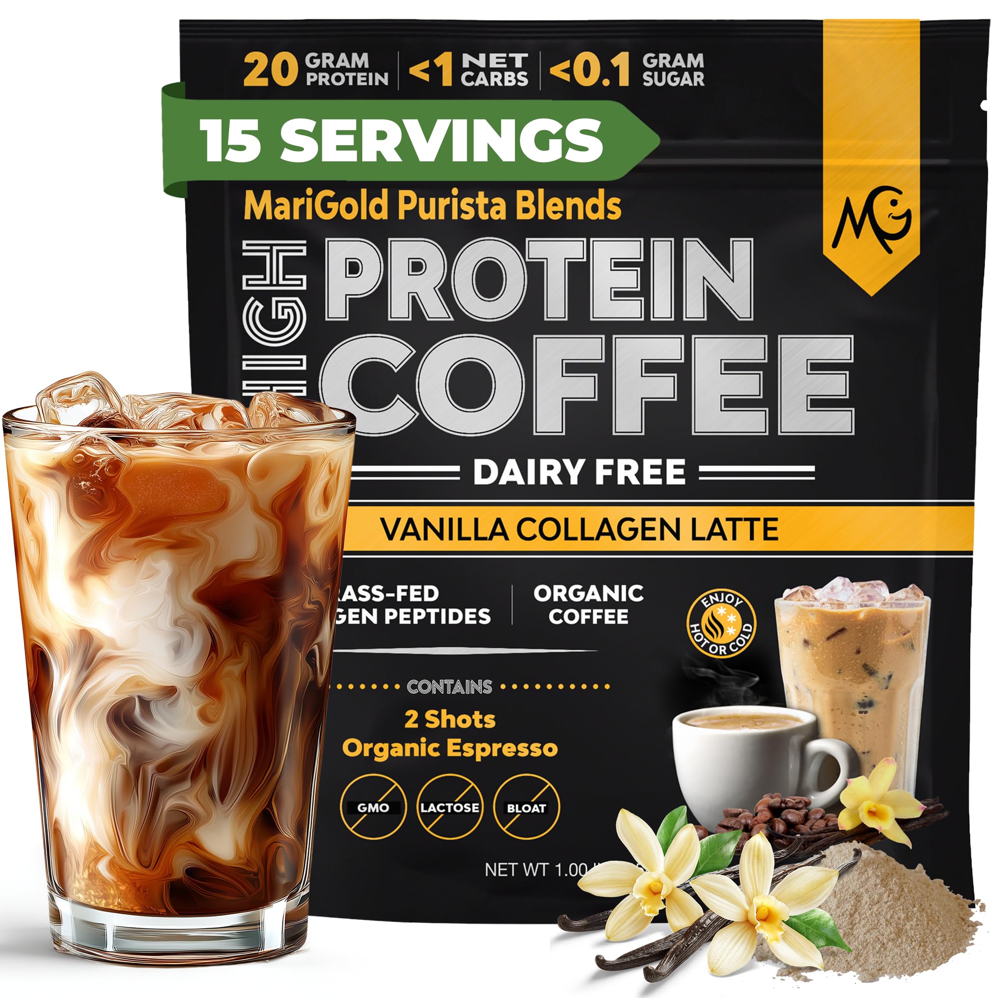MariGold High Protein Collagen Coffee - Vanilla Collagen Latte, Dairy Free, 20g Grass-Fed Type I & III Collagen Peptides, Energy Boost, 2 Shots Organic Espresso, Non-GMO, 1 Lb Bag, 15 Servings