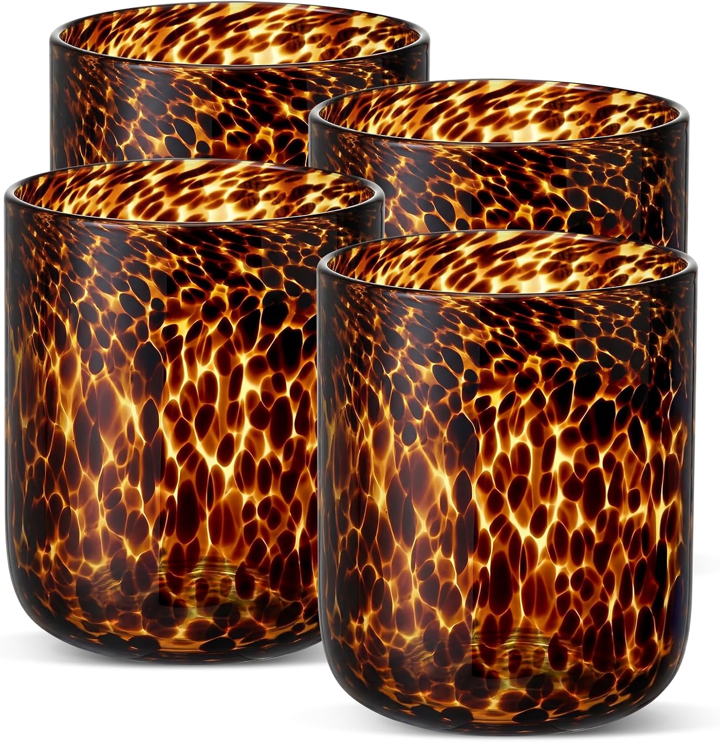 Honeydak Set of 4 Tortoise Leopard Print Brown 10 oz Rocks Glasses Stylish Stemless Cocktail Cups Glass Glassware Tumbler Ideal for Gin, Tequila, Vodka, Soft Drinks 3.2 x 3.2 x 4 in