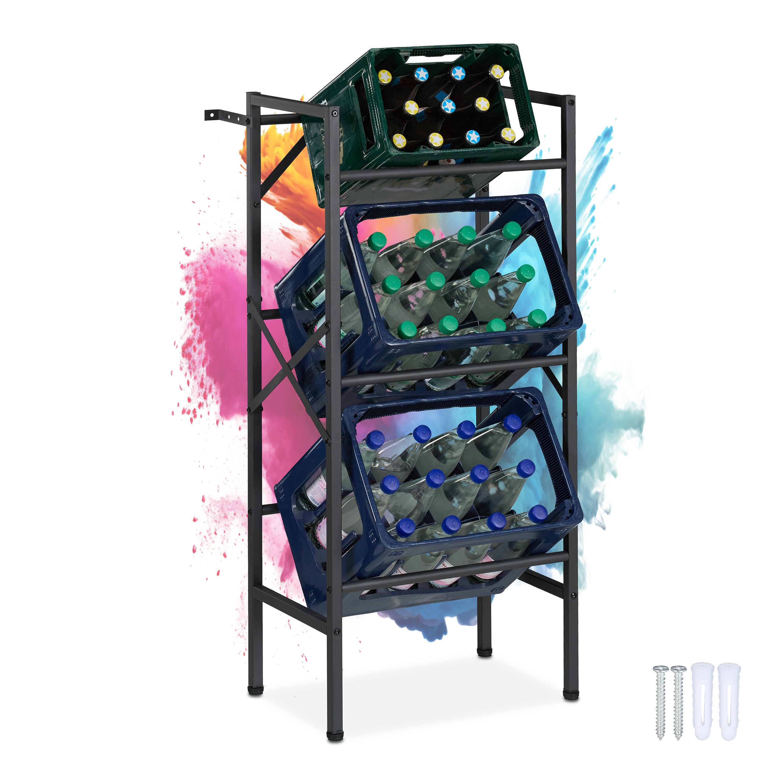 Relaxdays Drinks Crate Rack, HWD: 109x49x32 cm, 150 kg, Holds 3 Boxes, Steel, Beverage Holder Shelf, Beer & Water, Black