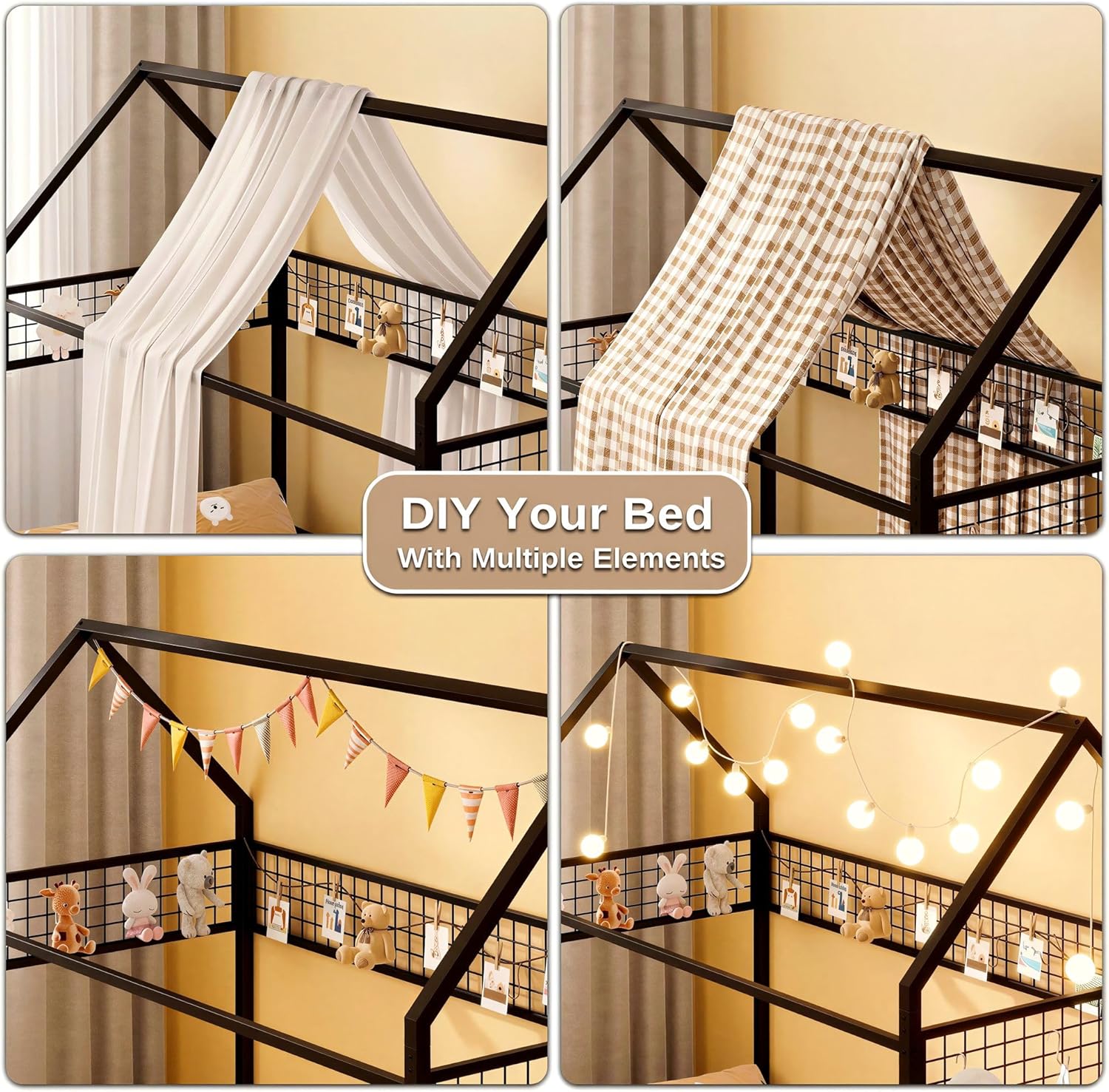 IRONCK Twin Floor Bed Frame, Metal House Bed with Fence Guardrails & Hanging Mesh for Bedroom and Dormitory, Space Saving, No Box Spring Needed, Black
