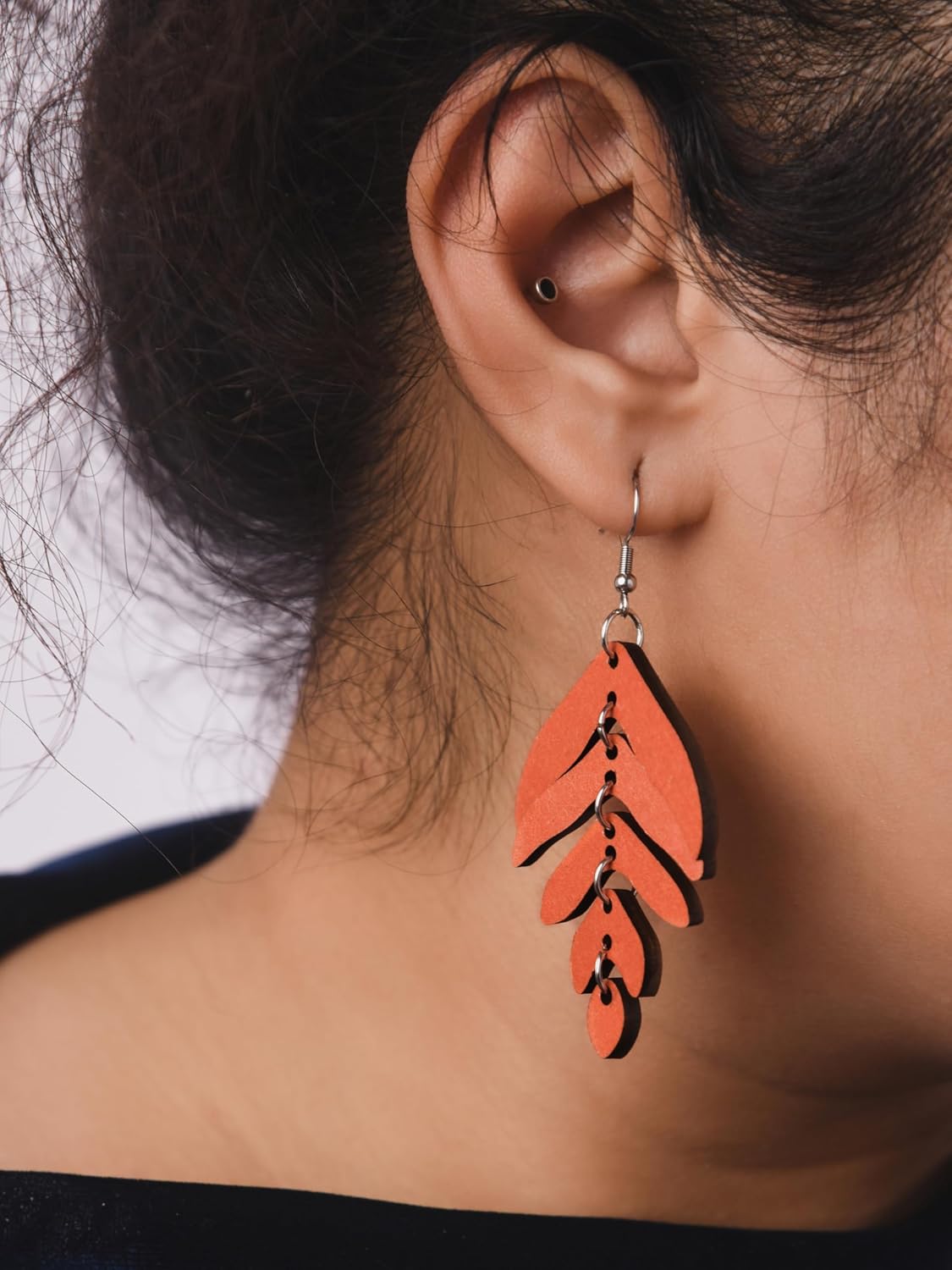 MINACHI Bohemian Chic Red Wooden Layered Leaf Dangle Drop Earrings, Boho Jewelry Gift for Women - Image 5
