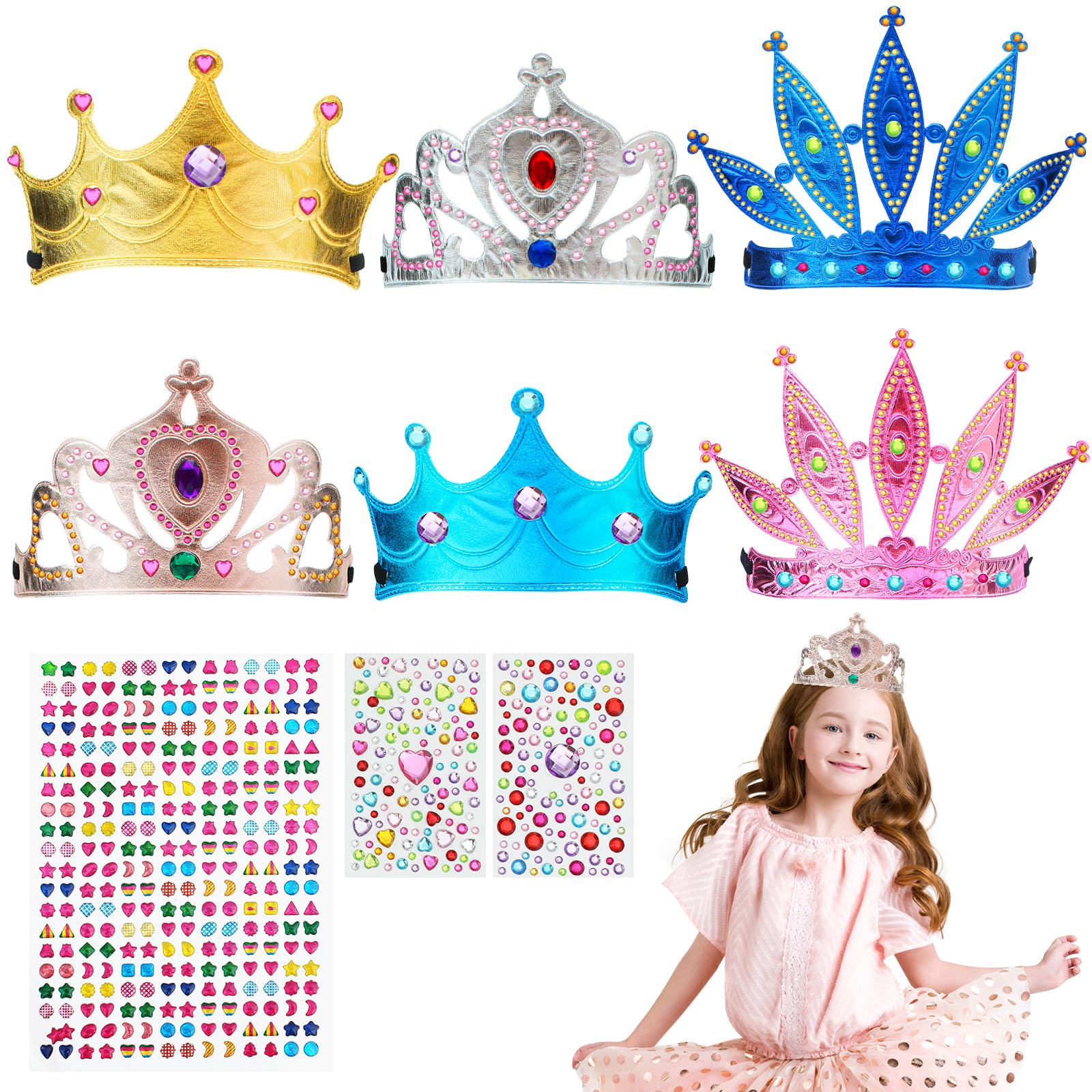 JETOP Kids Crown Making Kit - 6 Crowns + Hundreds of Self-Stick Gems, Decorate for Kids Parties and Birthdays