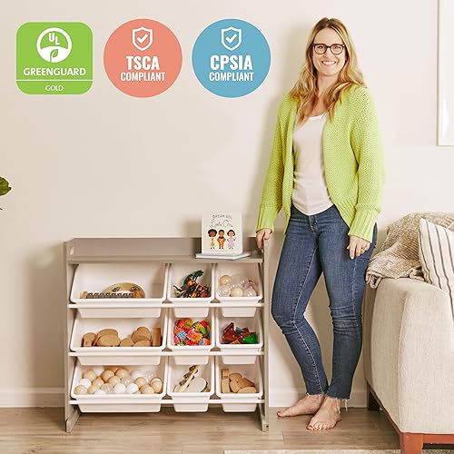 Miniatura 7 de ECR4Kids Organizador de 3 niveles con estante y 9 contenedores, almacenamiento de juguetes, grisblanco