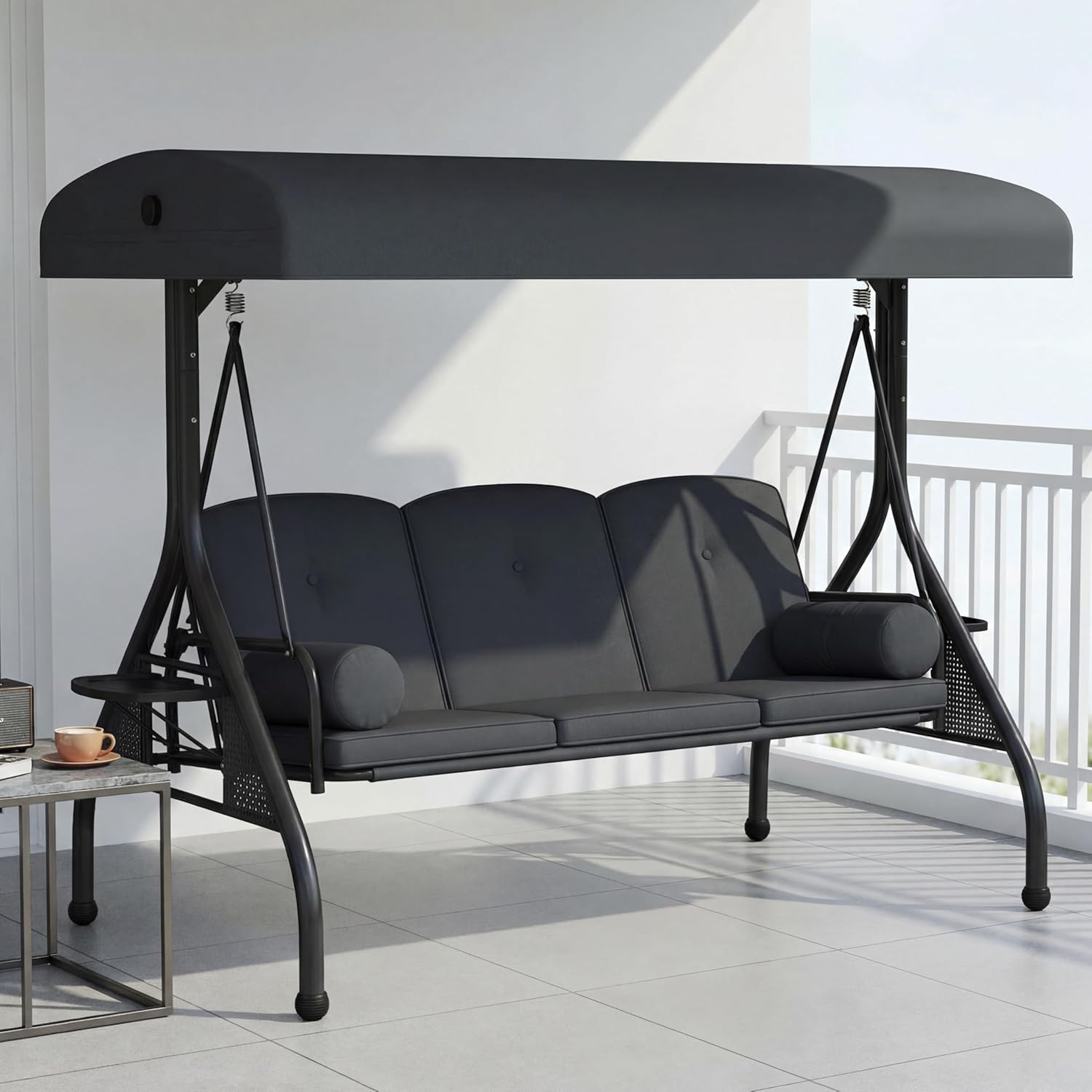 3-Seat Patio Swing with Canopy, Heavy Duty Outdoor Swing Chair with Cup Holders & Steel Stand, Weather Resistant Garden Swing Bench for Yard, Porch, Backyard, Adults, Grey