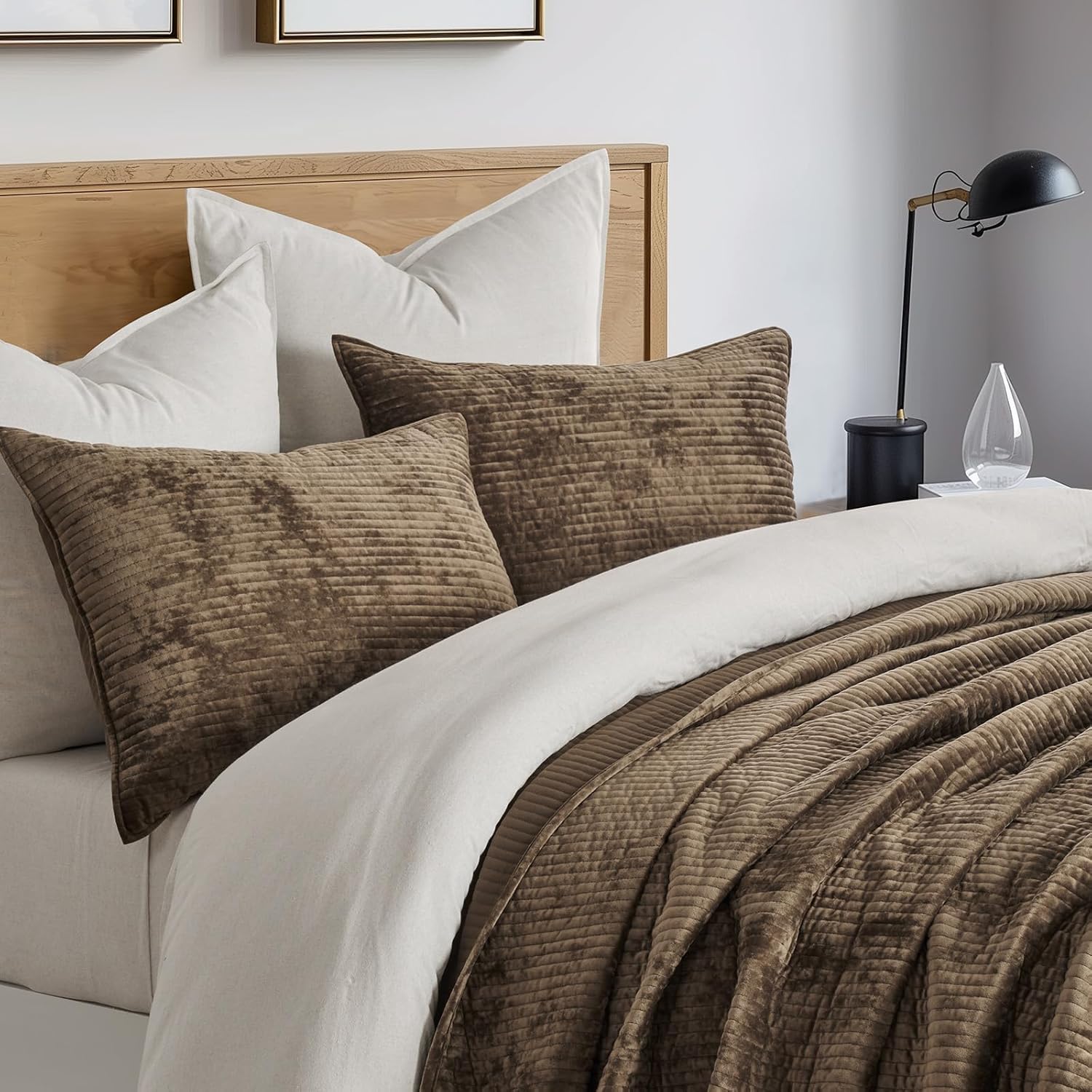 EVERGRACE Velvet Quilt Set King Size, Luxurious Soft Quilted Bedding Sets, Lightweight Velvet Comforter for All Season, Striped Channel Bedspread Coverlet with 2 Shams, Mushroom Brown - Image 2