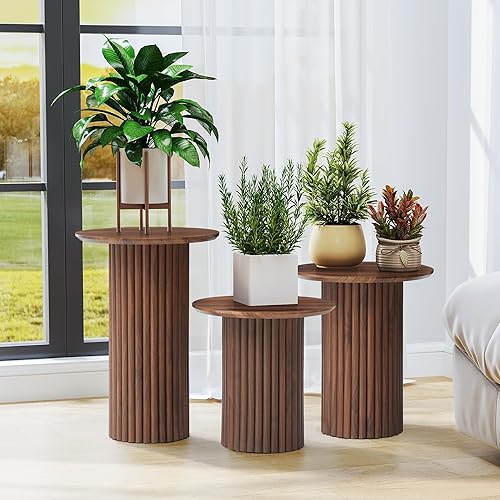 Miniatura 6 de Juego de 3 mesas de centro redondas anidadas, moderna de mediados de siglo, juego de mesa auxiliar y auxiliar acanalada de mediados de siglo, mesa