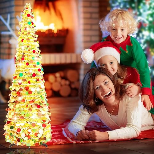 Miniatura 7 de Árbol de Navidad desplegable, árboles de Navidad artificiales de 5 pies, árbol de Navidad plegable con lentejuelas y copos de nieve con soporte,