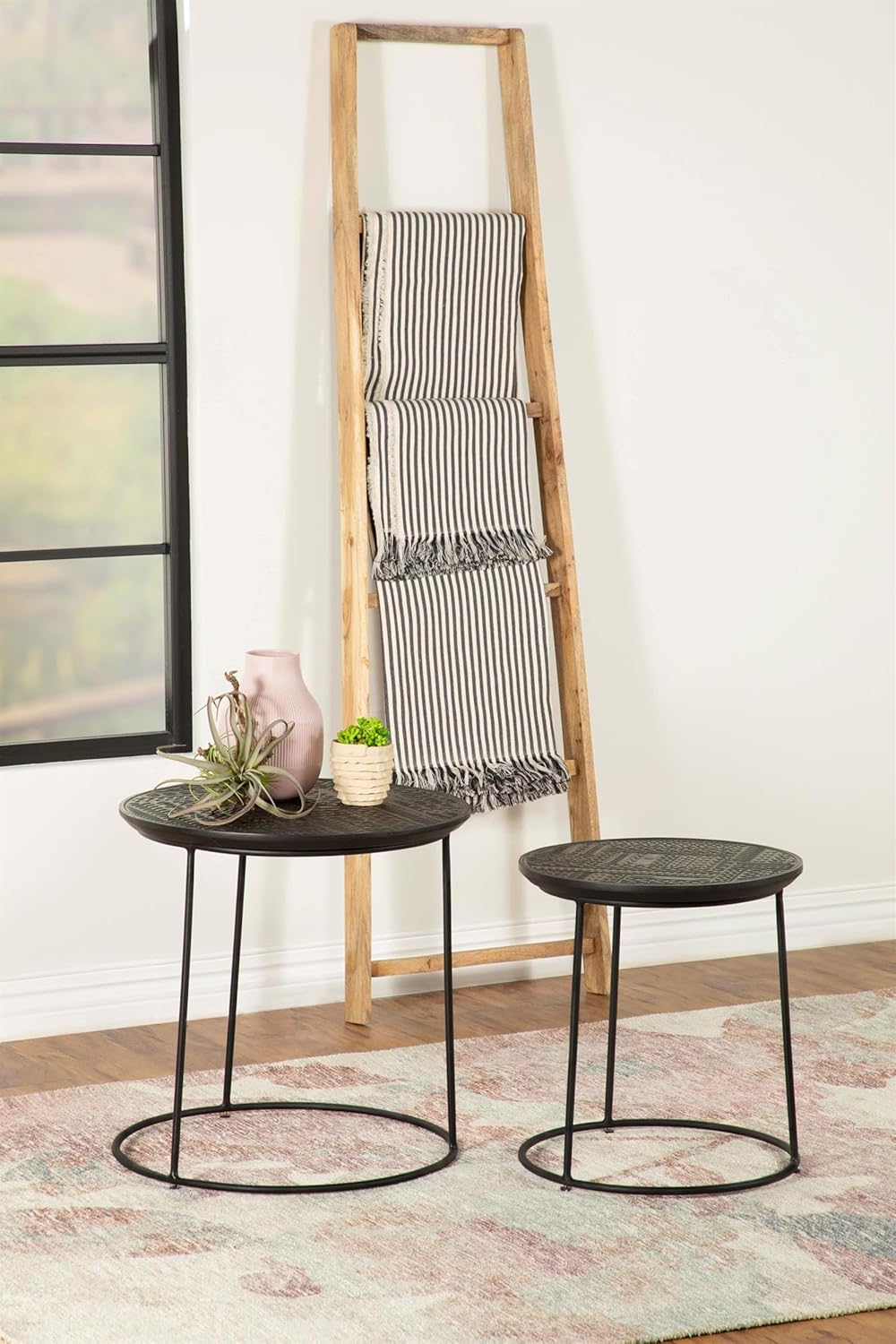 Pemberly Row 2-Piece Round Mango Wood Nesting Table Set, Matte Black Metal Frame, Embossed Wood Top Design, Space-Saving Contemporary Style, Large and Small Tables for Compact Living Spaces