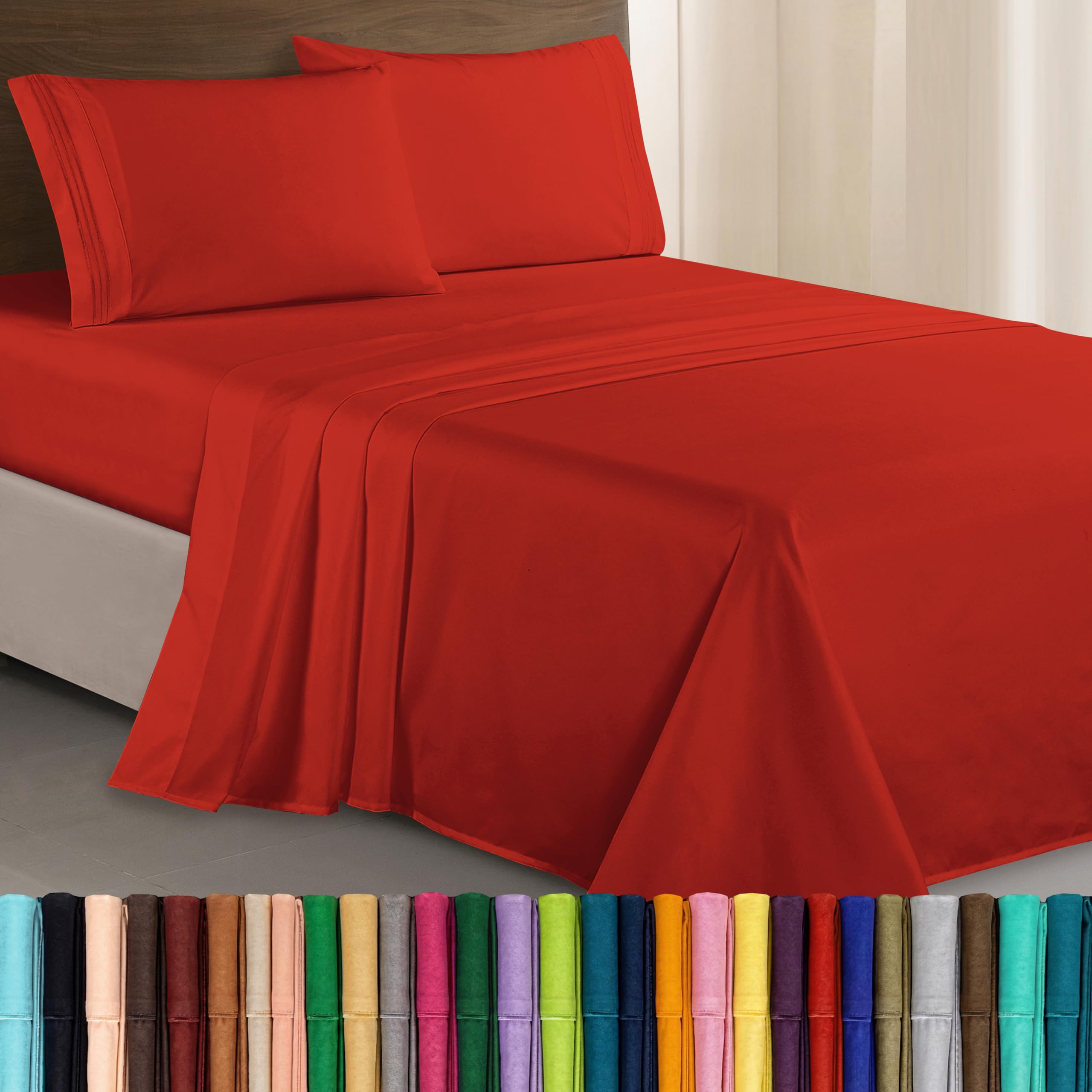 Elegant Comfort Luxurious 1500 Premium Hotel Quality Microfiber Three Line Embroidered Softest 4-Piece Bed Sheet Set, Wrinkle and Fade Resistant, King, Rust