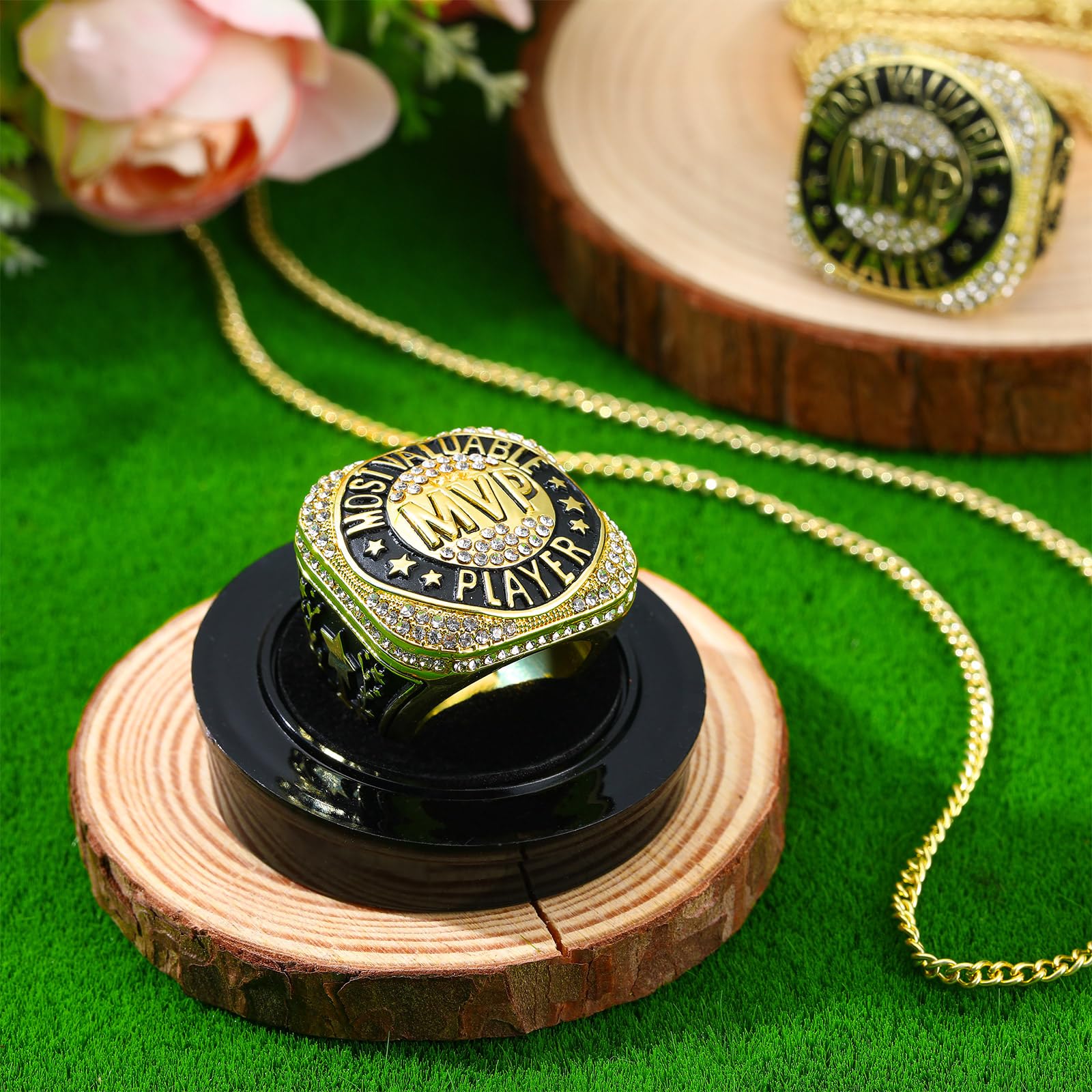 Highergo 10pcs Softball Soccer Baseball MVP Championship Trophy Ring with Display Neck Chain and Stand Basketball Cheerleading Bowling Football Volleyball Track Field for Award Gift