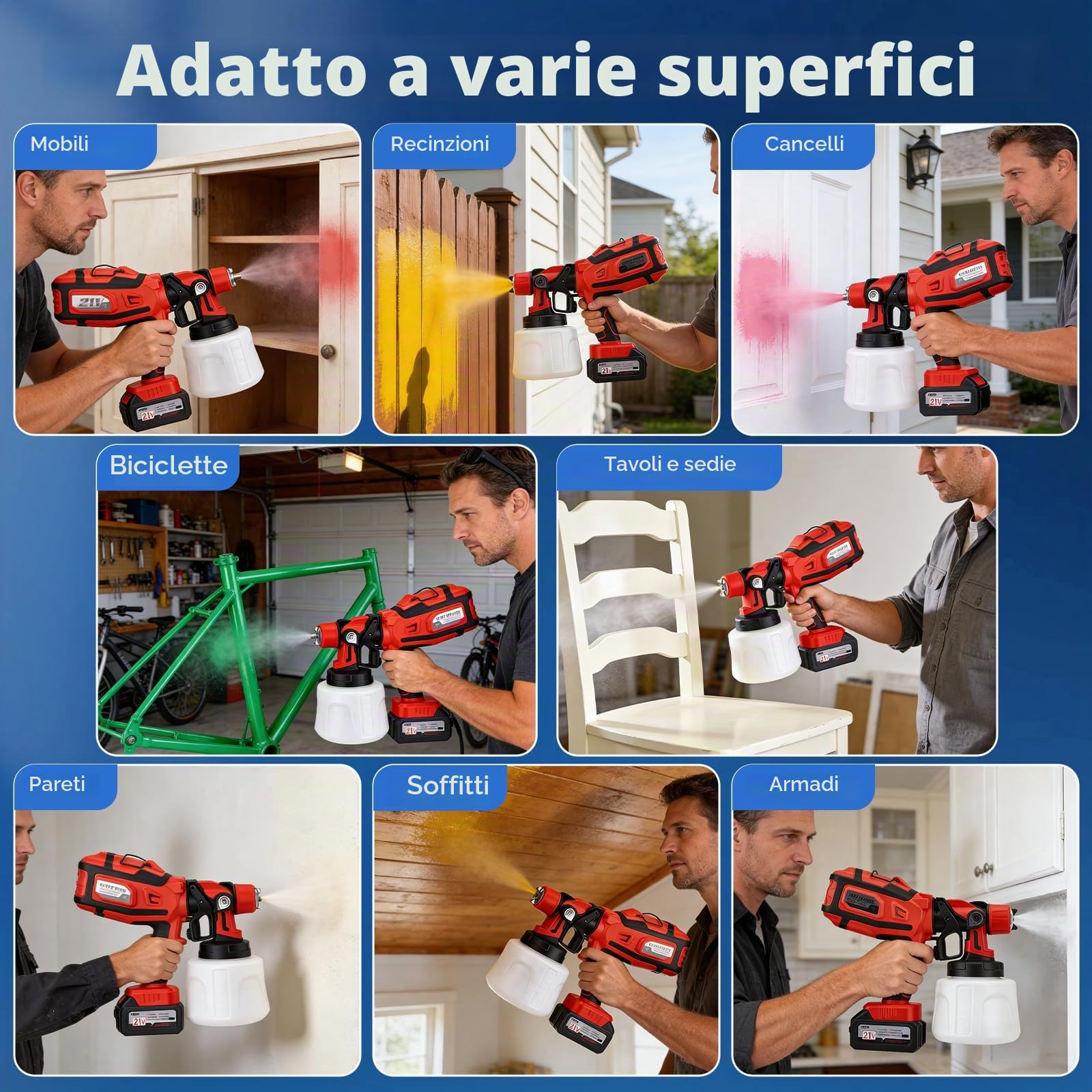 Spruzzatore per vernice, 21 V, 300.000 giri/min, batteria con 2 batterie da 4000 mAh, 5 ugelli e 3 modalità di spruzzo, contenitore da 1400 ml per terrazze, pareti, recinzioni, capannoni