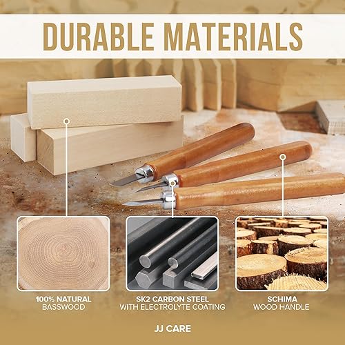 Miniatura 6 de JJ CARE Kit de tallado de madera 12 cuchillos SK2 para tallar madera con estuche, 10 bloques de tallado de tilo y 1 piedra de molienda - Kit de