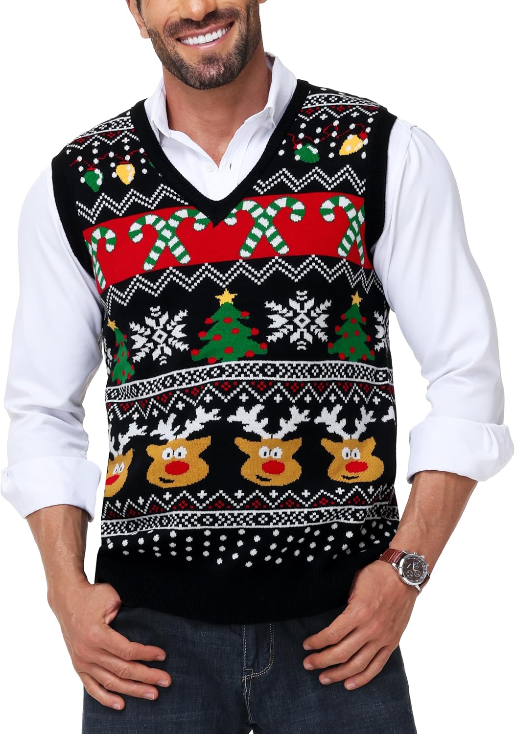 Men Christmas Sweater Vest V Neck Ugly Xmas Holiday Knit Sleeveless Pullover