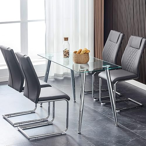 Miniatura 5 de Mesa de comedor de cristal moderna minimalista rectangular para 4-6 personas con mesa de vidrio templado de 0.31 pulgadas y patas de metal cromado