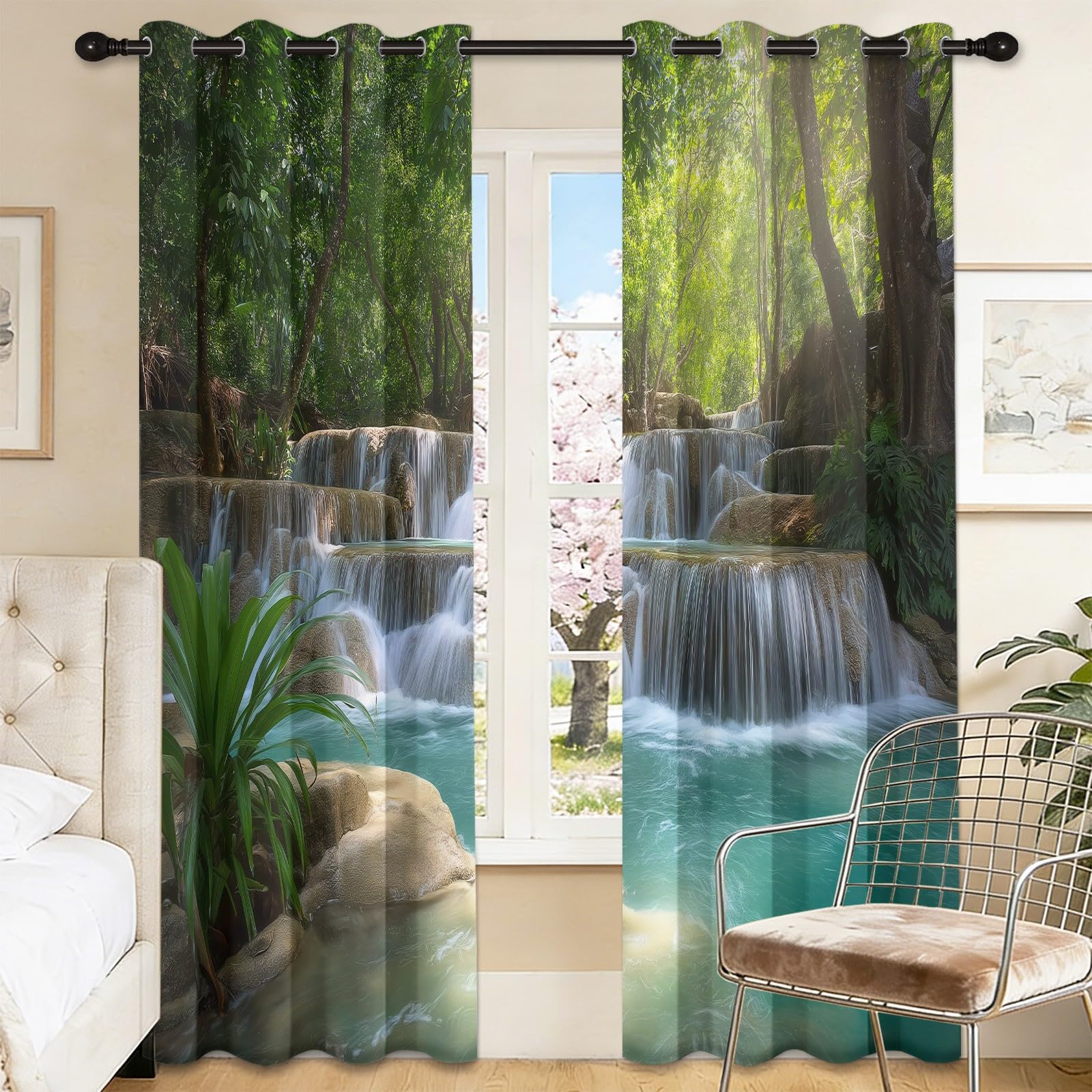 Rideaux pour salon imprimé jungle motif cascade verte thermique occultant fenetre