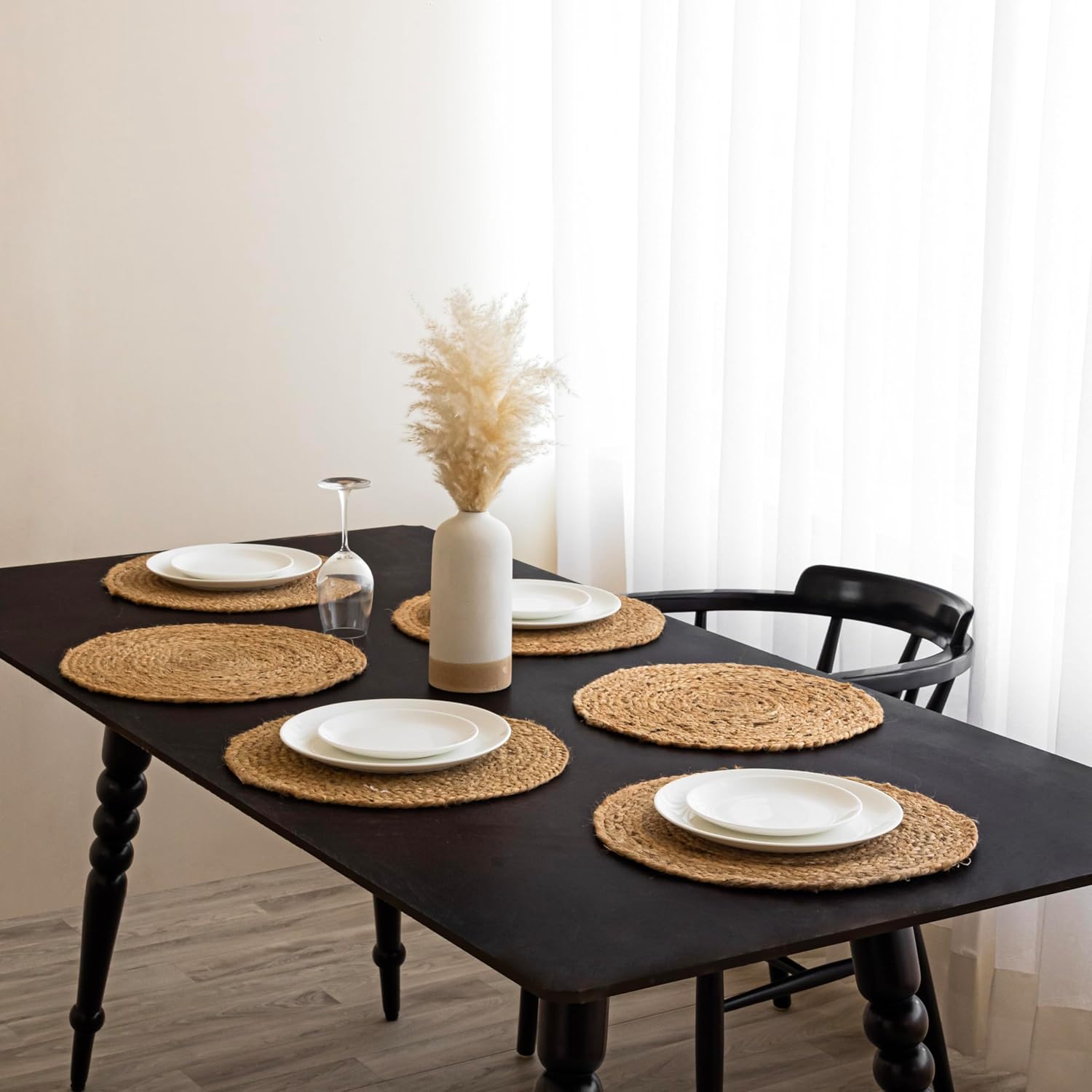 HOMEMONDE Jute Round Placemats Set of 6-15 Inch Woven Natural Hand Braided Wicker Tablemats - Farmhouse Boho Rustic Vintage - for Table Decoration & Dining Table