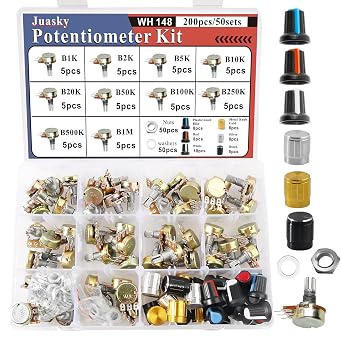 200pcs Potentiometer Kit, 10 Values WH148 b1k 2k 5k 10k 20k 50k 100k 250k 500k 1m Ohm Single-Joint Potentiometer with Rotary Knob