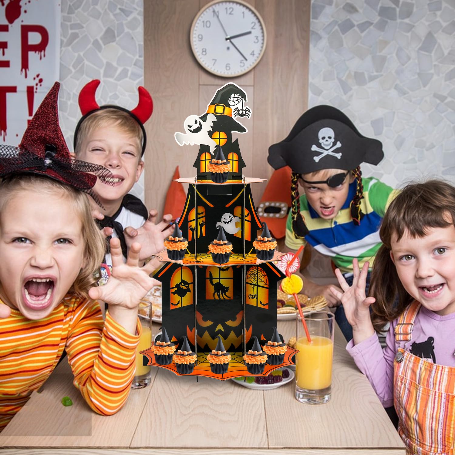 3-Tier Halloween Cupcake Stand - Ghost & Pumpkin Theme Cardboard Dessert Tower, Holds 25+ Cupcakes, 18" Tall