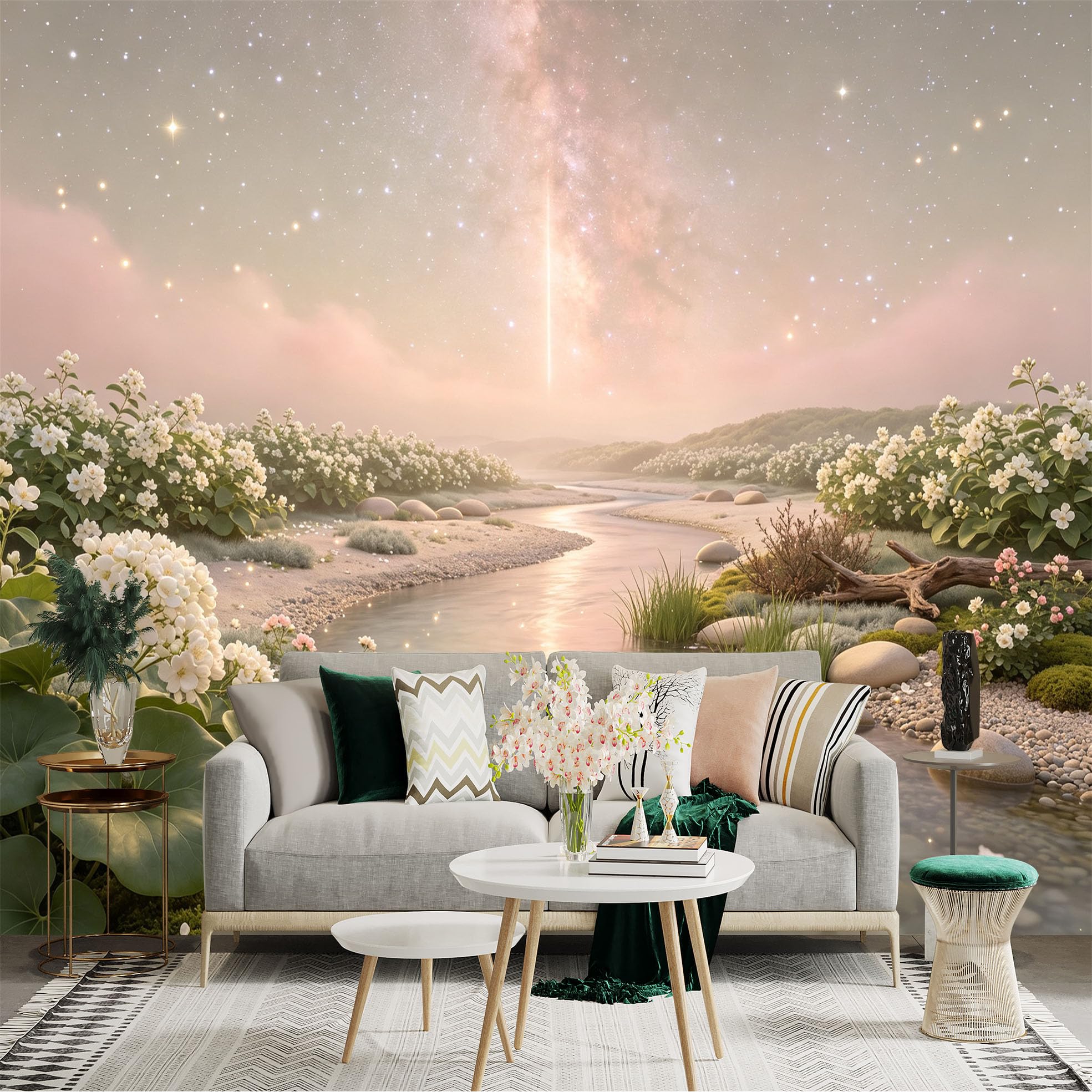 Custom Size Wall Sticker Mural， Dreamy River Landscape， White Blossom Flowers， Glowing Milky Way Sky， Peaceful Nature Scenery， for wall Decoration， peelandstick wall Decals.