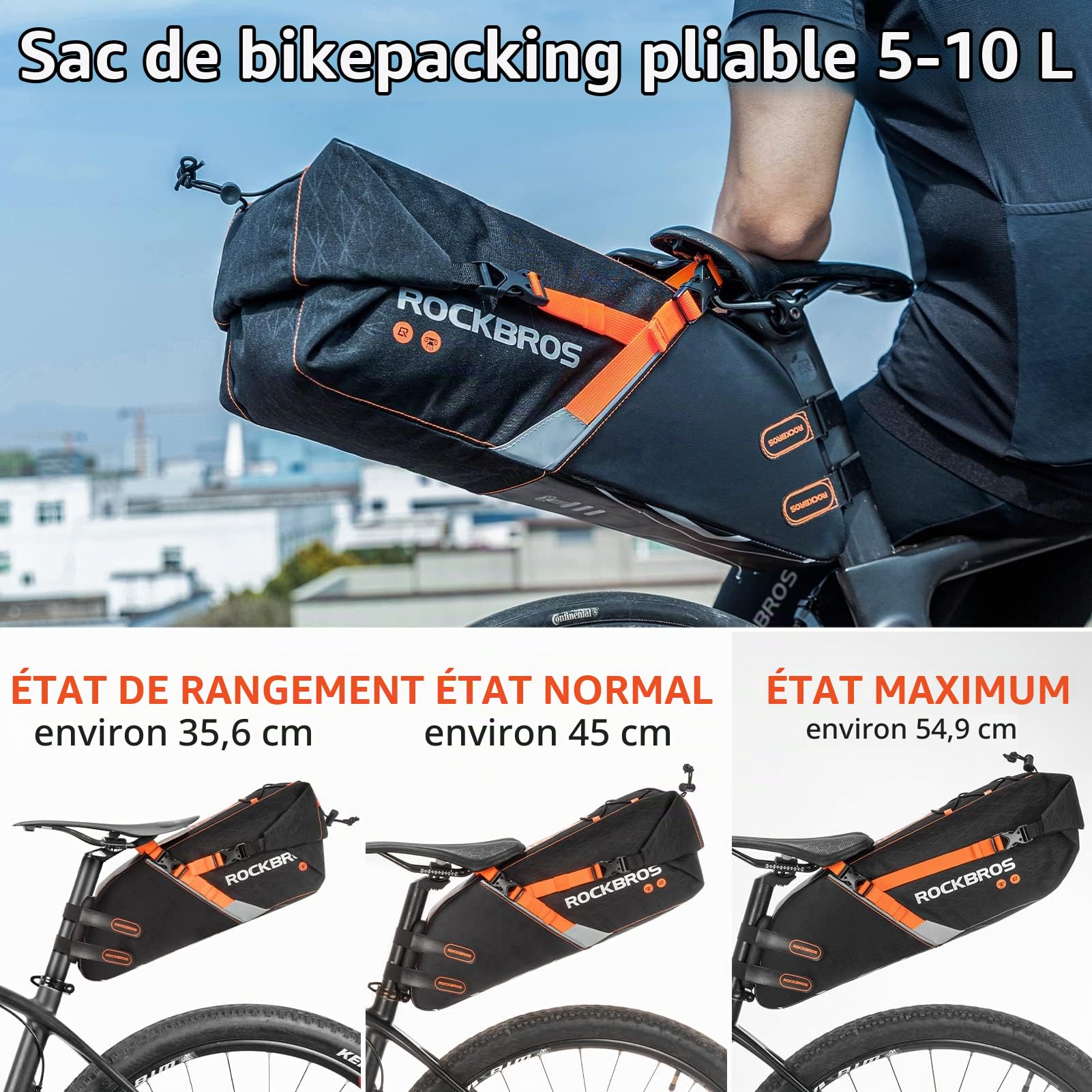 ROCKBROS Sacoche de Selle Étanche 10L - Grande Capacité, Noir | Sacoche Arrière Pliable pour Bikepacking, Rangement Outils, Fixation Rapide, Léger et Résistant pour VTT et Vélo de Route