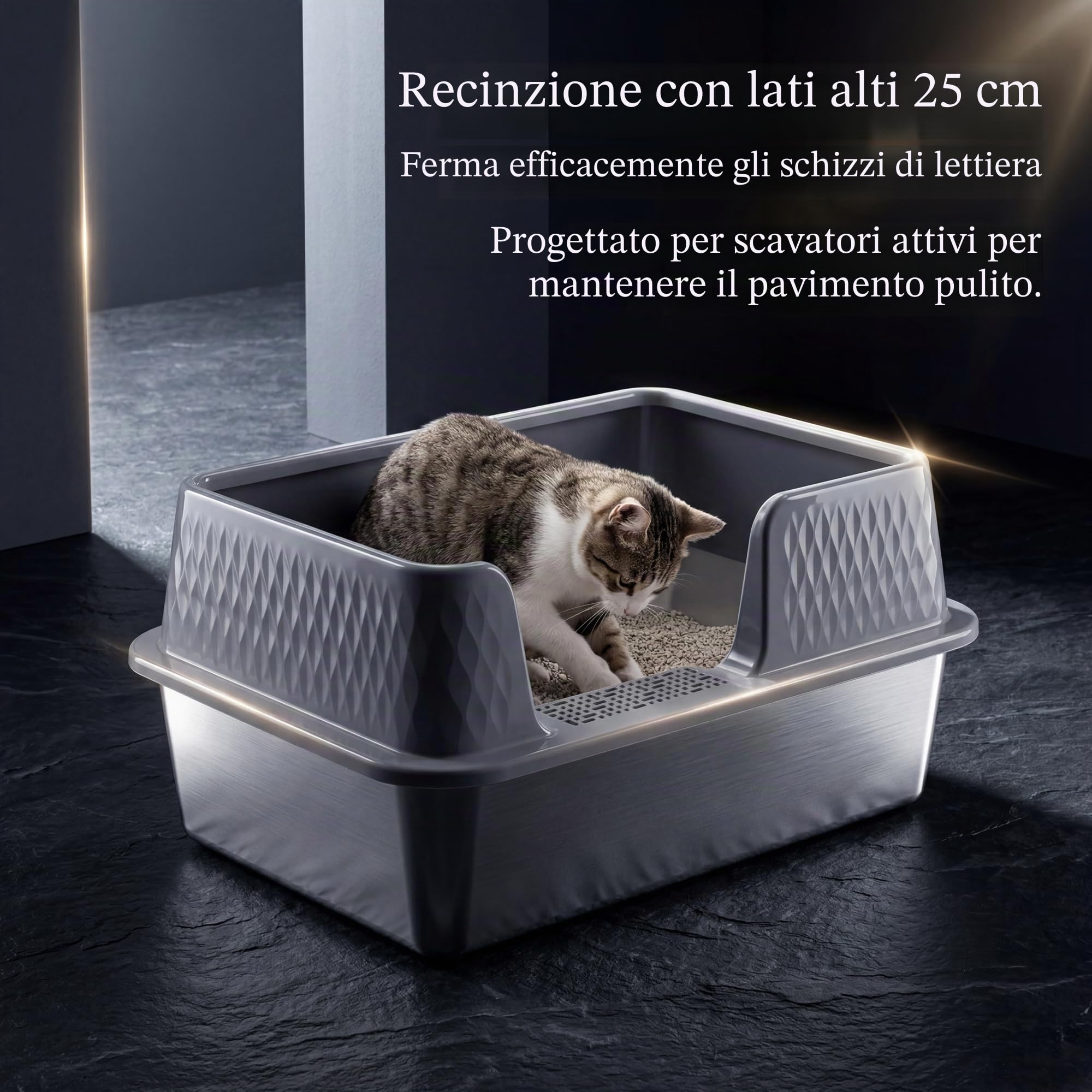 Suhaco Lettiera in Acciaio Inox per Gatti XL con Coperchio, Tappetino e Paletta - Lati Alti, Facile da Pulire (L, Grigio)