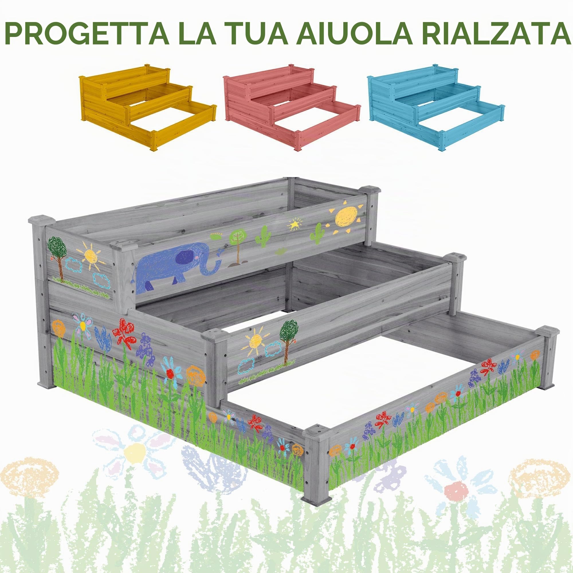 Yaheetech Letto Orto Rialzato da Giardino Etserno Interno Grande a 3 Livelli Aiuola Rialzata Vasca per Piante in Legno 120 x 120 x 56 cm Grigio