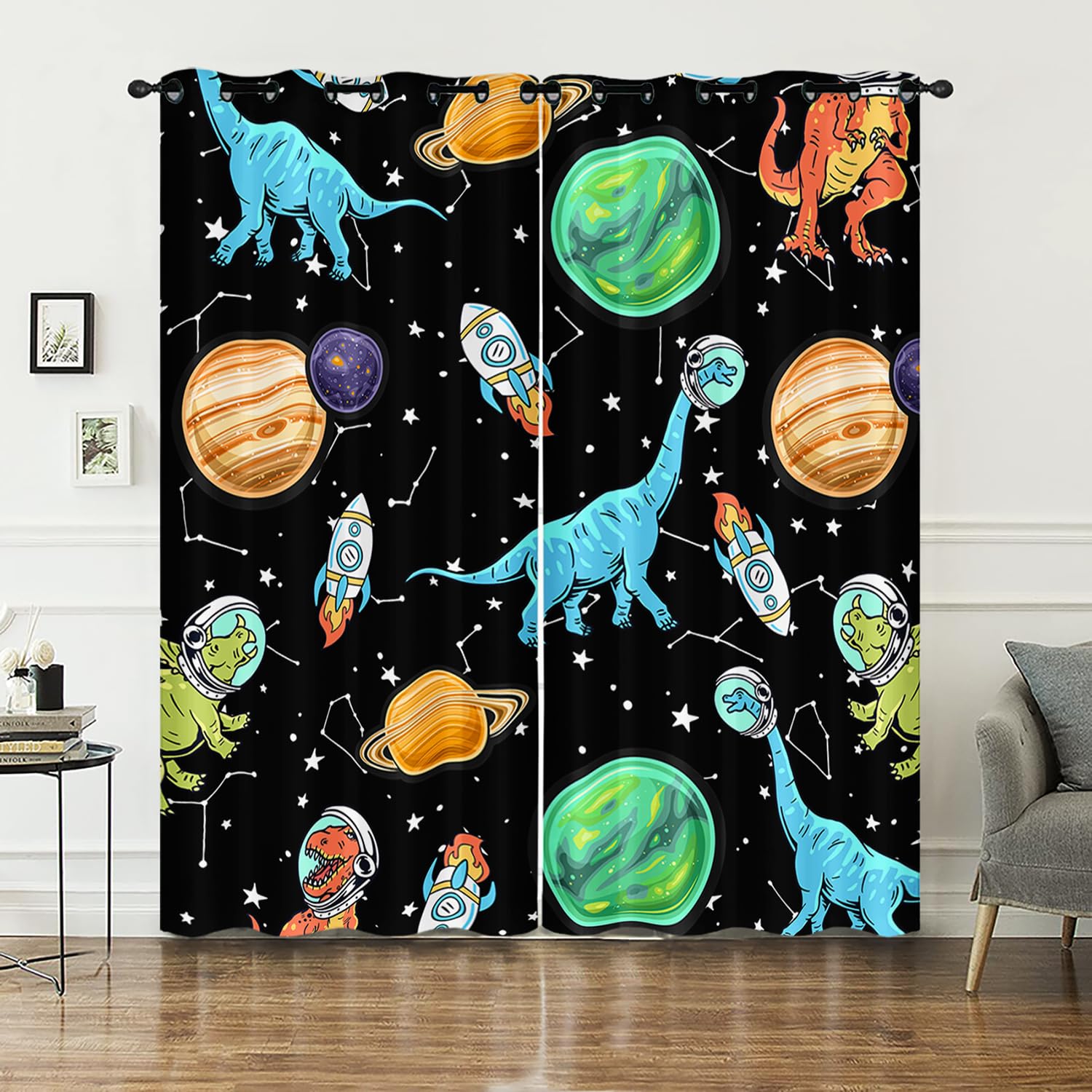 AILONEN Cozy Astronaut Dinosaur Window Curtain,Cartoon Space Dinosaurs Curtains Drapes,Rockets,Jupiter Window Treatments Drapes Fun Kids Room Livingroom Decor, 52
