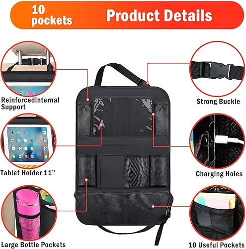 Miniatura 7 de Organizador de asiento trasero de automóvil, paquete de 2 organizadores de asiento trasero de automóvil con soporte para tableta de 11 pulgadas, 10