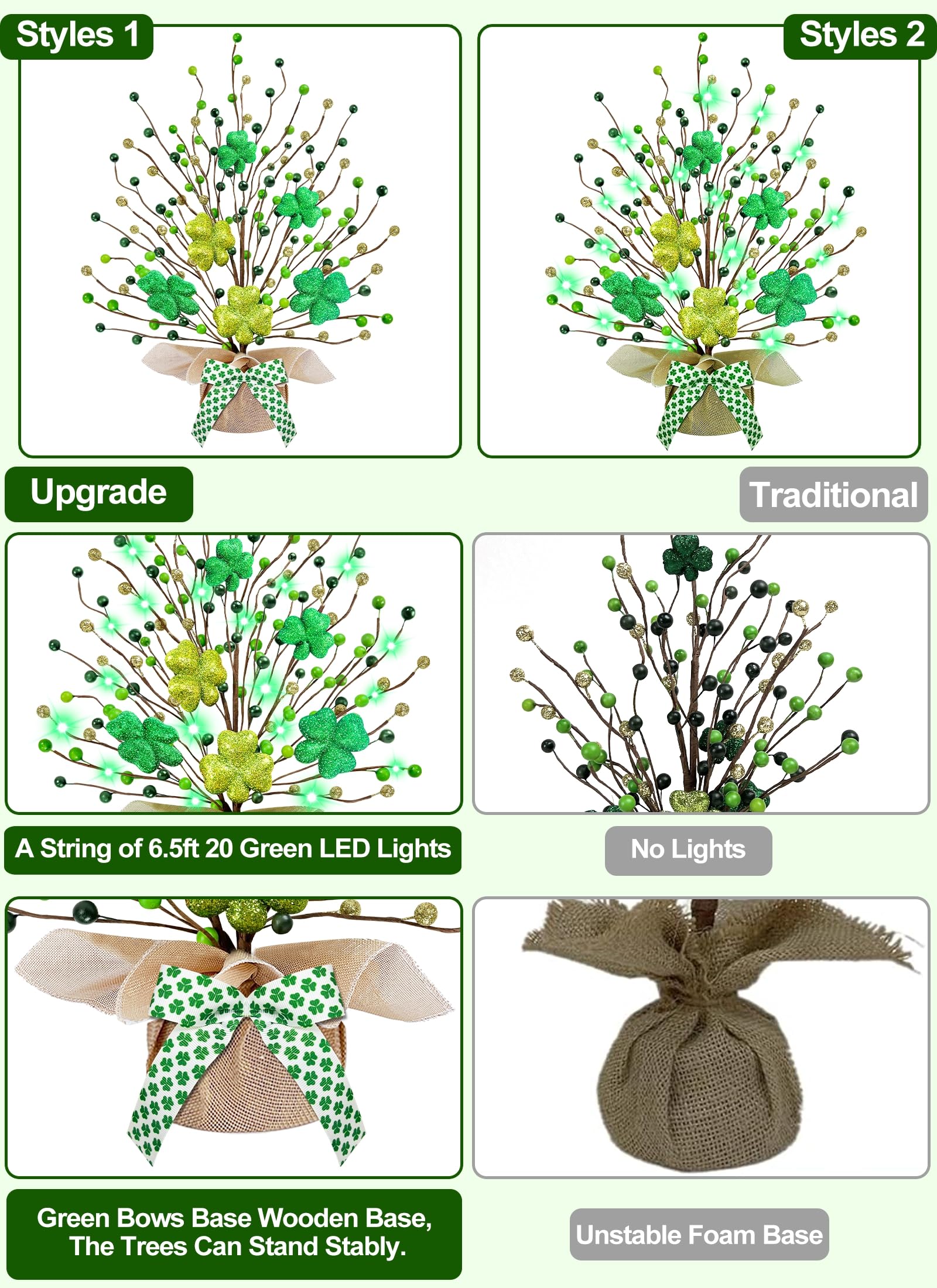 St. Patrick's Day Decorations, 2 Pack Lighted St. Patrick's Day Tree Tabletop with 20 Green Lights Battery Operated 18 Inch 6 Shamrocks 108 Berries Artificial Tree St. Patrick's Day Decor Home Party