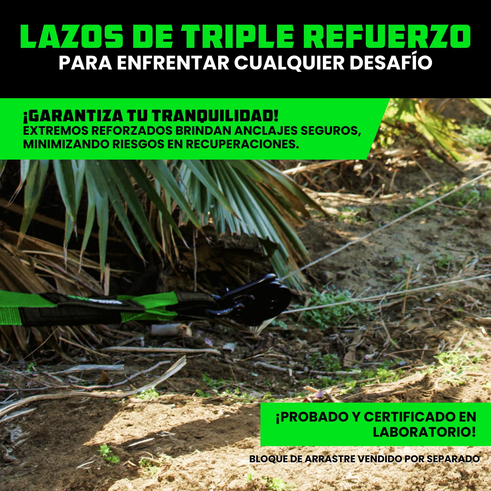 Rhino USA Cuerda de Remolque y Recuperación - Correa para Remolcar Desde Árbol 7.6 cm x 2.4 m - con Resistencia a Rotura de 13,600 kg - Extremos en Bucle Triple Refuerzo - Verde