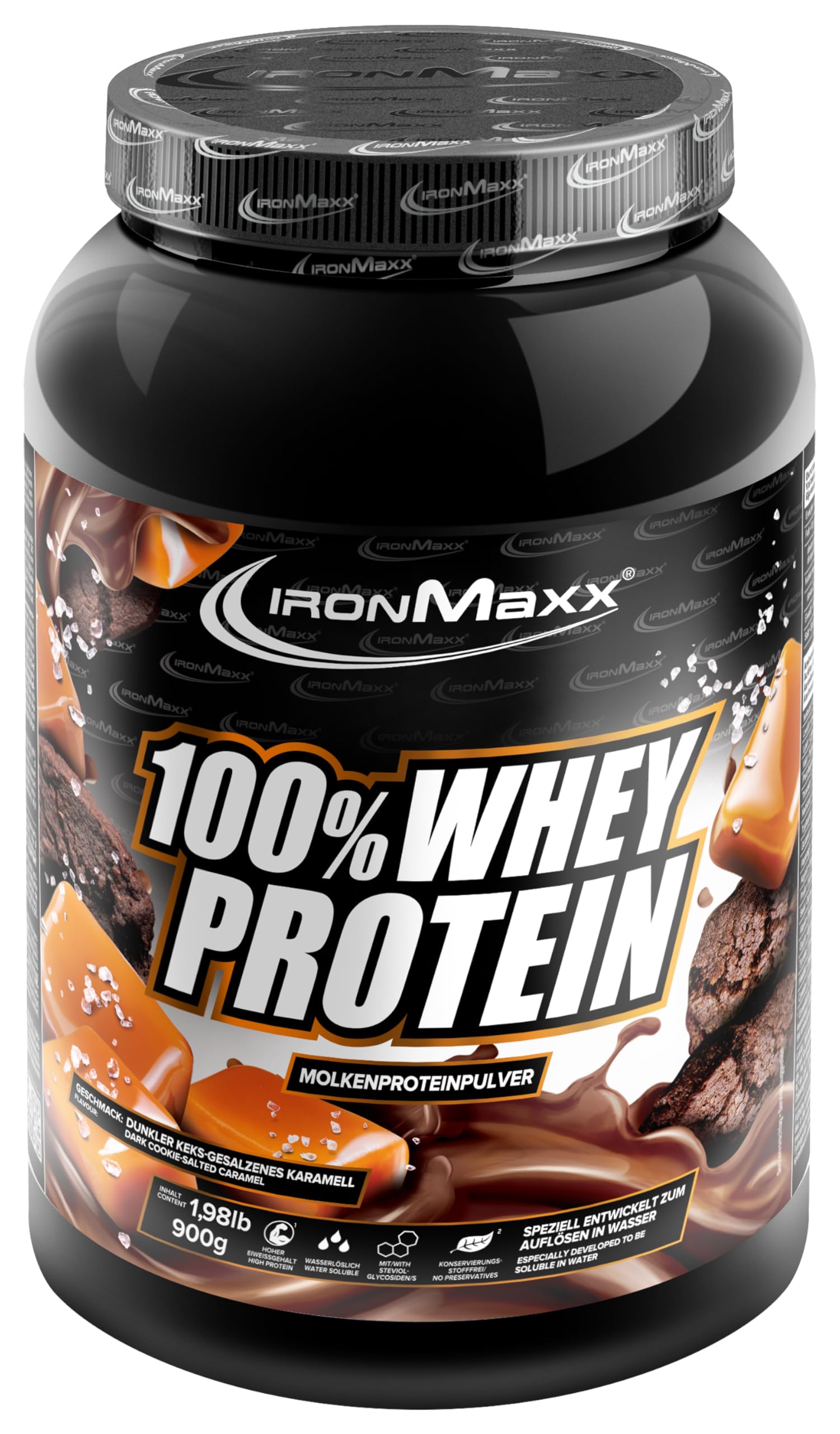 IronMaxx 100% Whey Protein Pulver 900g - Dark Cookie Salted Caramel - Frullato ad alto contenuto proteico con BCAA ed EAA per l’allenamento muscolare e il fitness