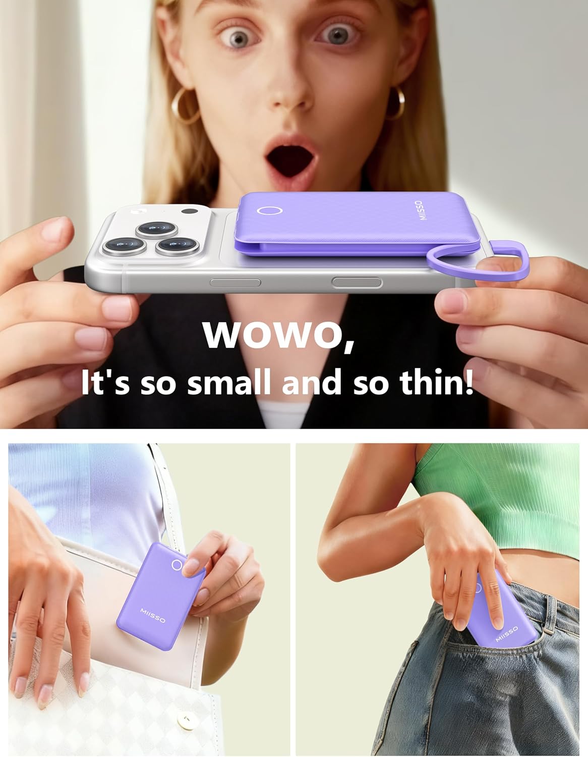 10000mAh Mini Portable Charger with Built in Cable, Pocket Size Power Bank Travel External Battery Pack for Phone, 3 Output USB Type C Cord Clutch Compatible with iPhone, Samsung,2 Pack Purple & White