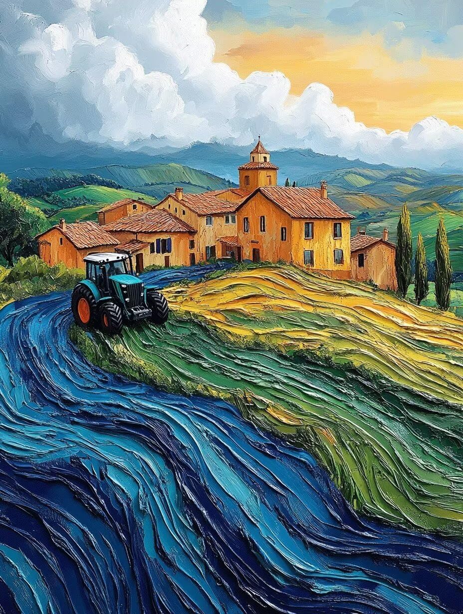 Diamond Painting Traktor do malowania diamentowego XXL 90 x 120 cm, 5D, kryształ artystyczny, wzór gospodarstwa, "zrób to sam", okrągłe kamienie, mozaika, zestaw do majsterkowania, do pokoju