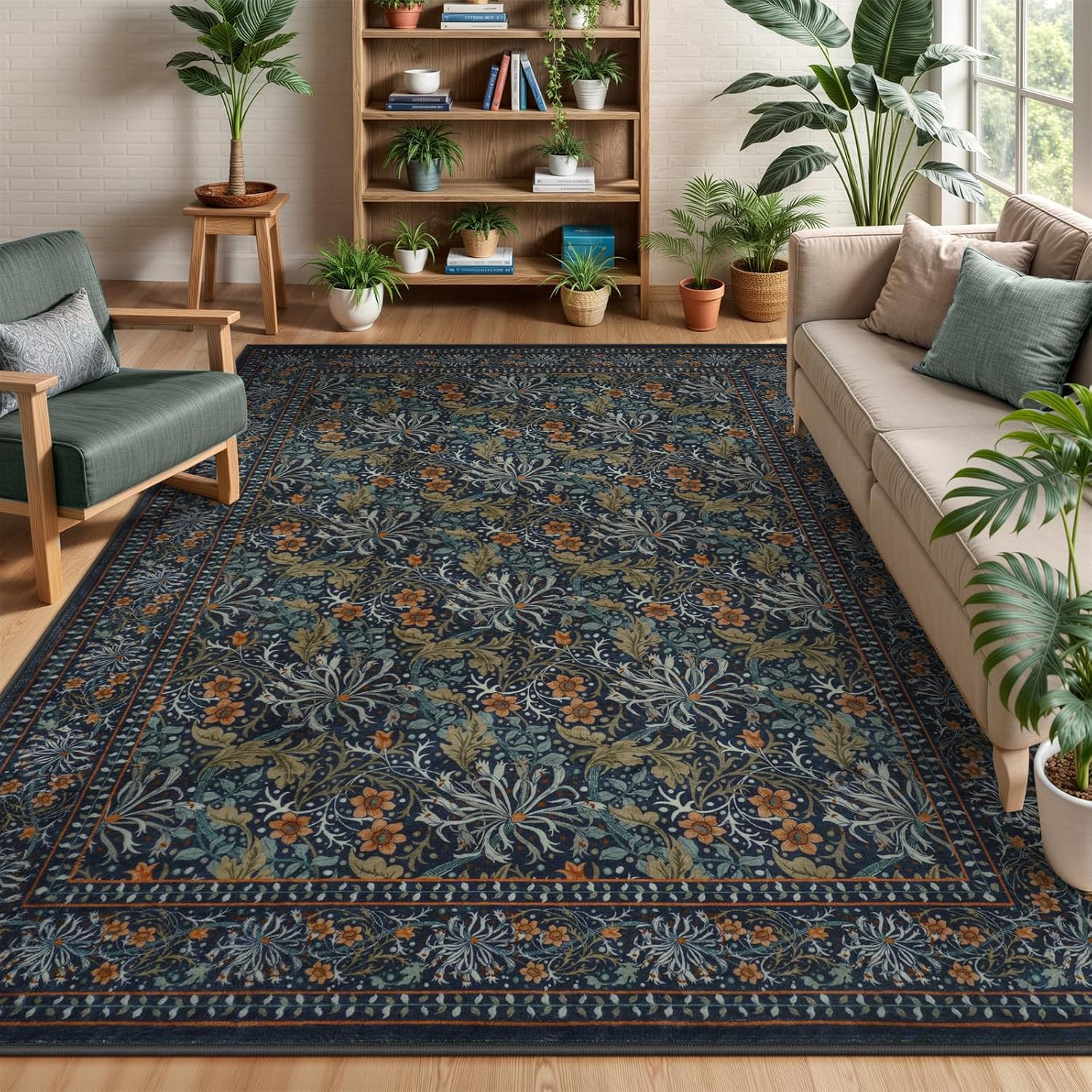 Collive Dark Green Rugs for Living Room, Washable Large 8x10 Area Rug, Vintage Floral Boho William Morris Botanical Rug, Soft Non Slip Stain Resistant Carpet for Bedroom Dining Room Office, Navy Blue