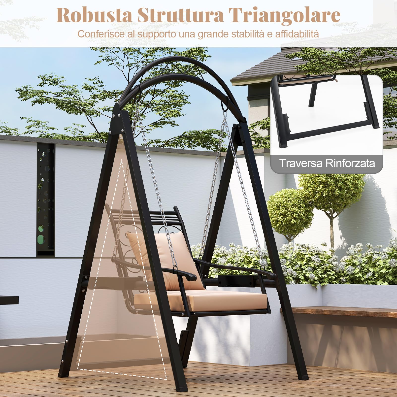 RELAX4LIFE Sedia a Dondolo Singola con Supporto, in Metallo con Cuscini Morbidi, Tavolini con Portabicchieri, Ganci e Catene, da Esterno/Interno, per Balcone Giardino (NERO)