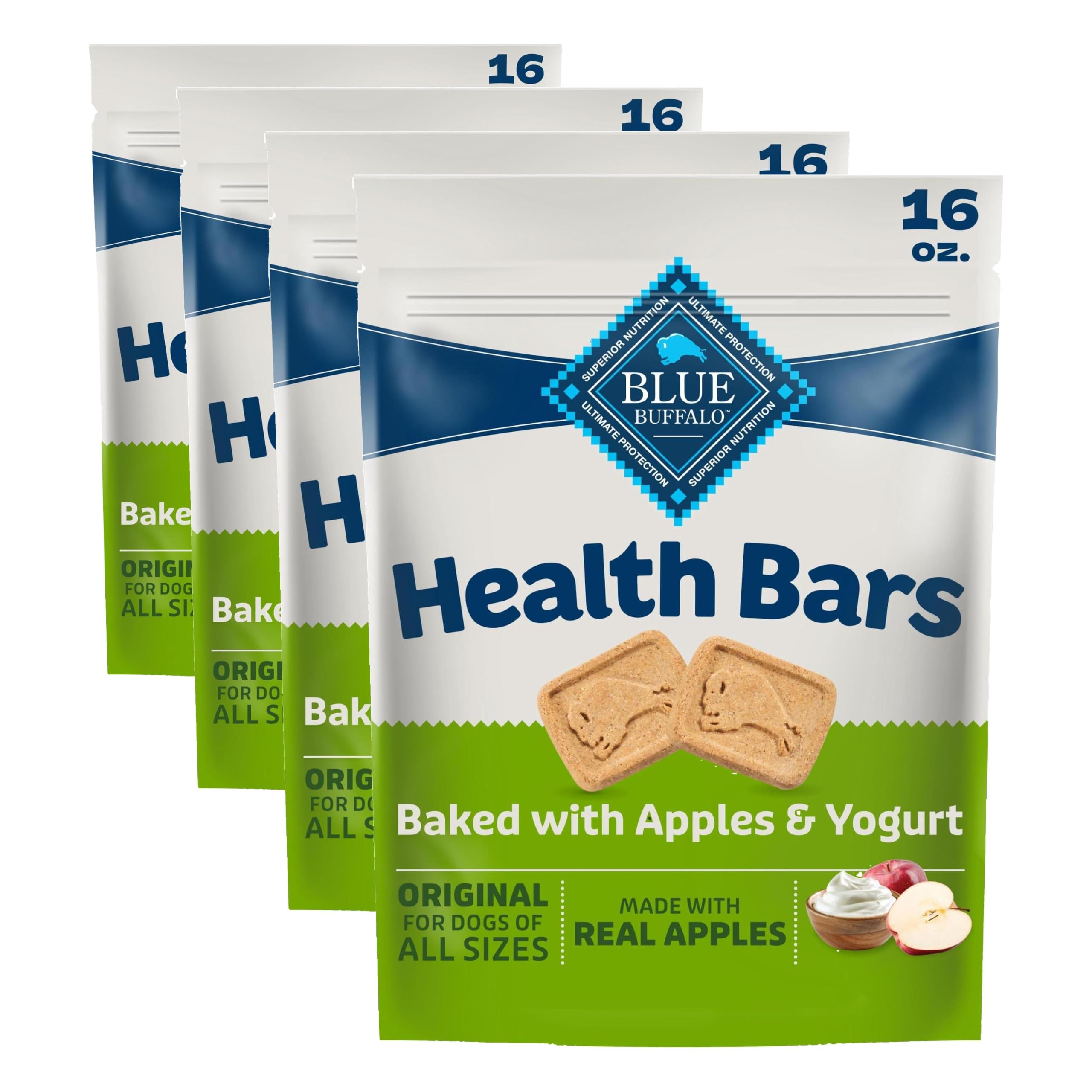 Blue Buffalo Health Bars Crunchy Dog Biscuits, Oven-Baked with Natural Ingredients, Apples &amp; Yogurt, 16-oz Bag, (Pack of 4)