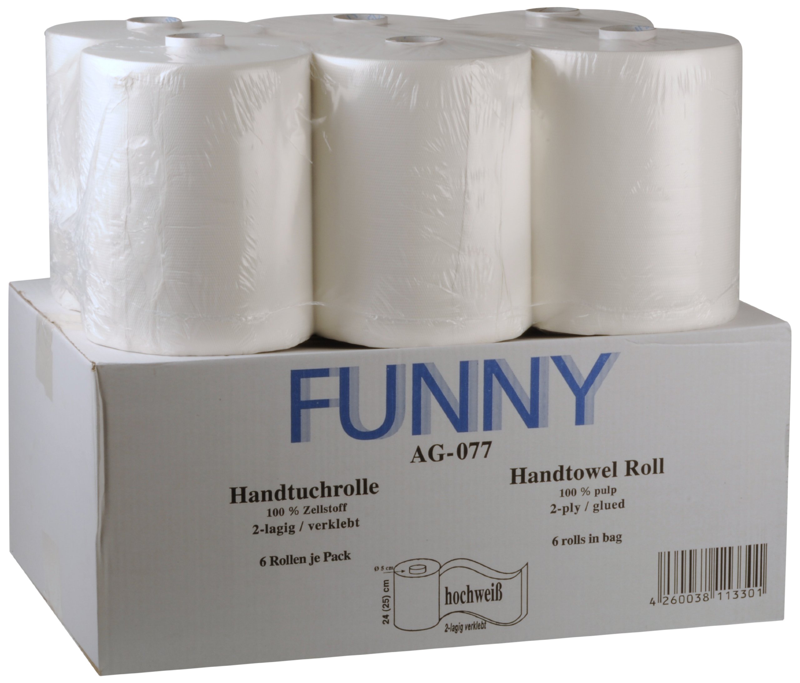 Divertido rollo de toalla de mano de 2 capas con núcleo especial de 5 cm, para dispensadores genéricos, color blanco brillante, 24 cm, aprox. 140 m (Pack de 6)